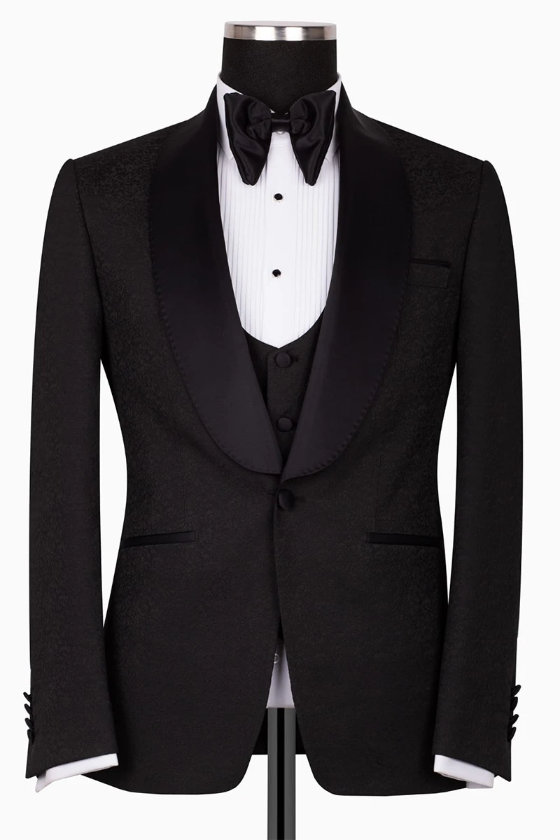Smoking Herren Schwarz – Edler Anzug mit Strukturstoff Satin-Revers