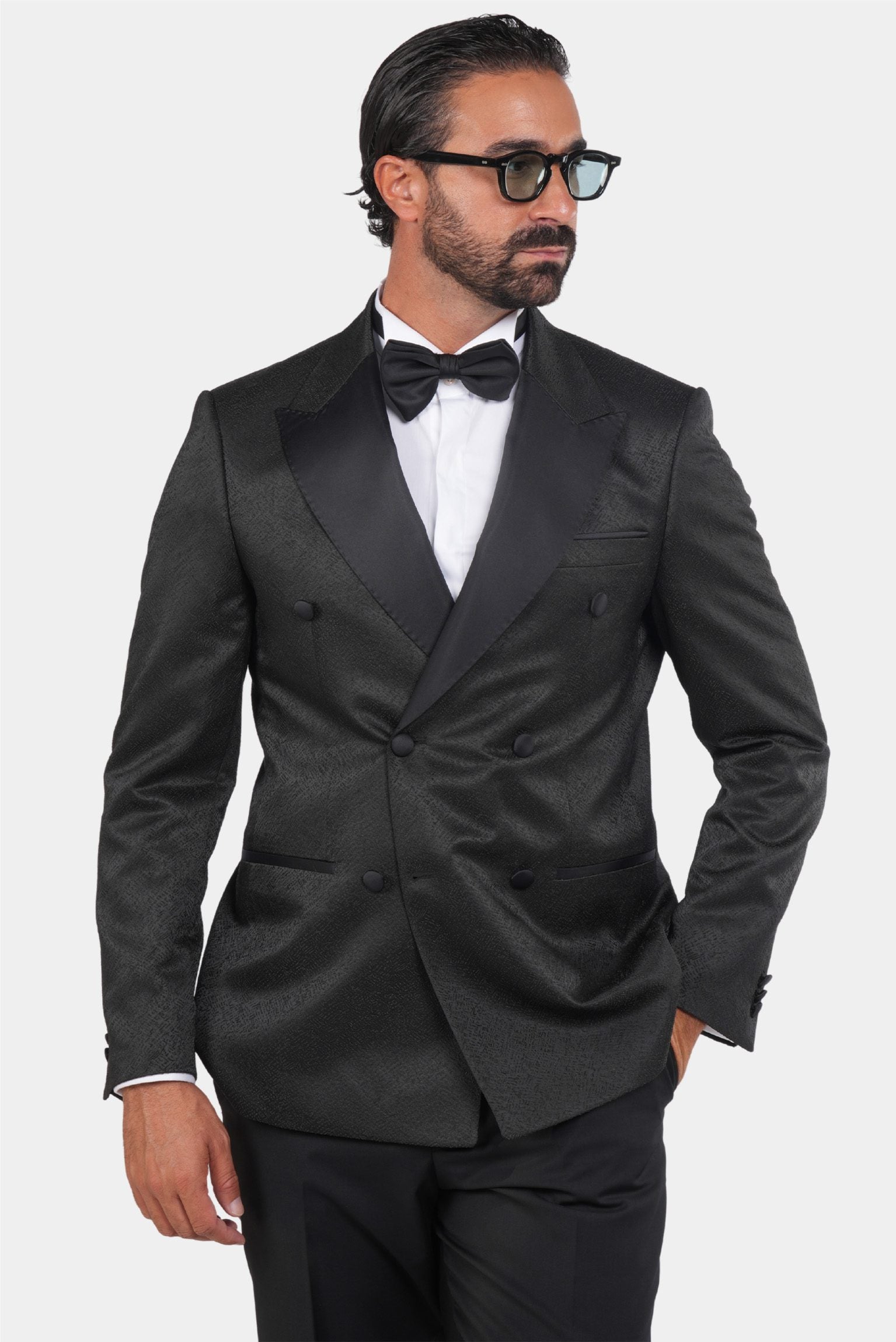 Smoking Herren Schwarz – Doppelreiher mit Strukturstoff & Satin-Revers