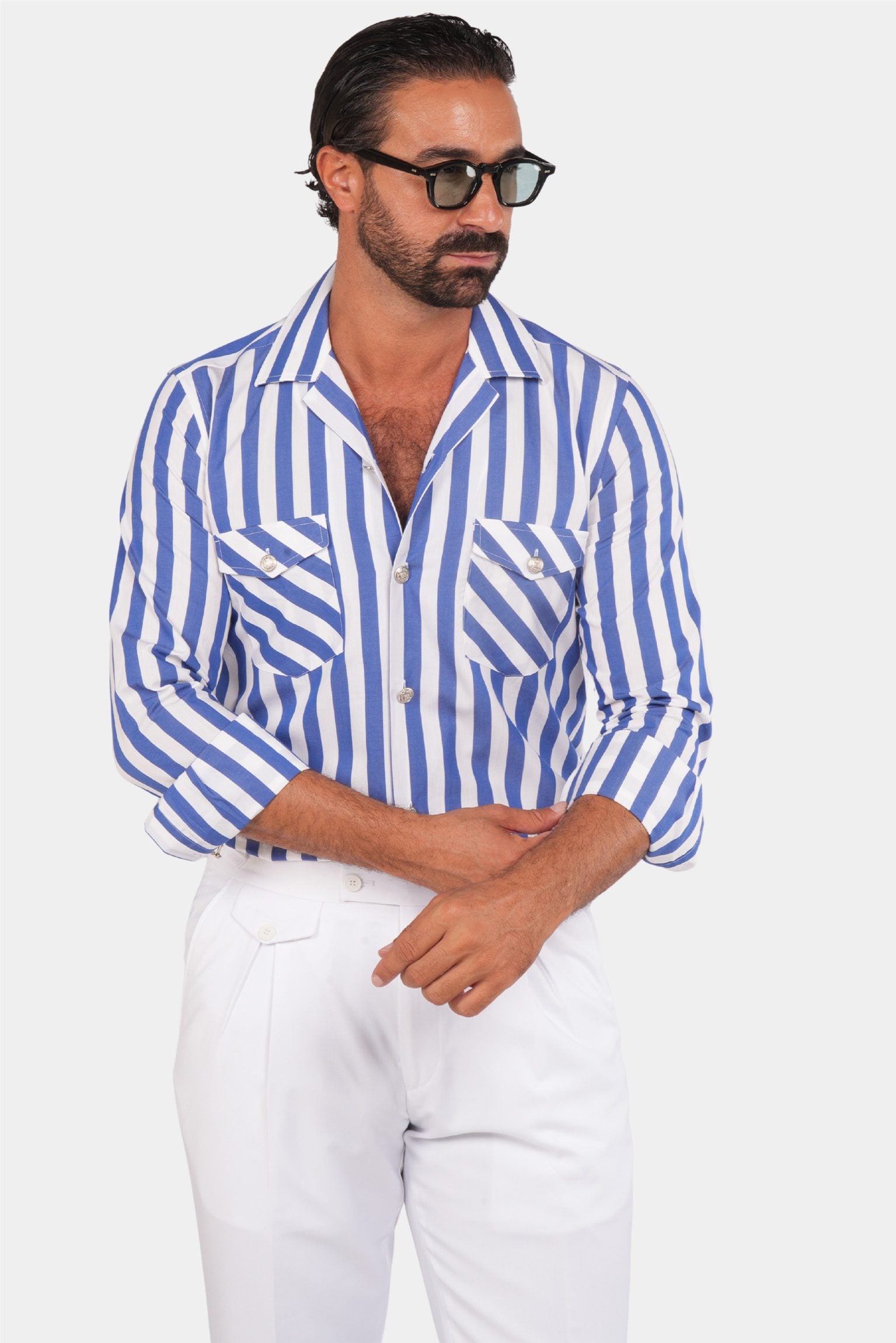 Navy Blau und Weiße Streifen Safari-Hemd