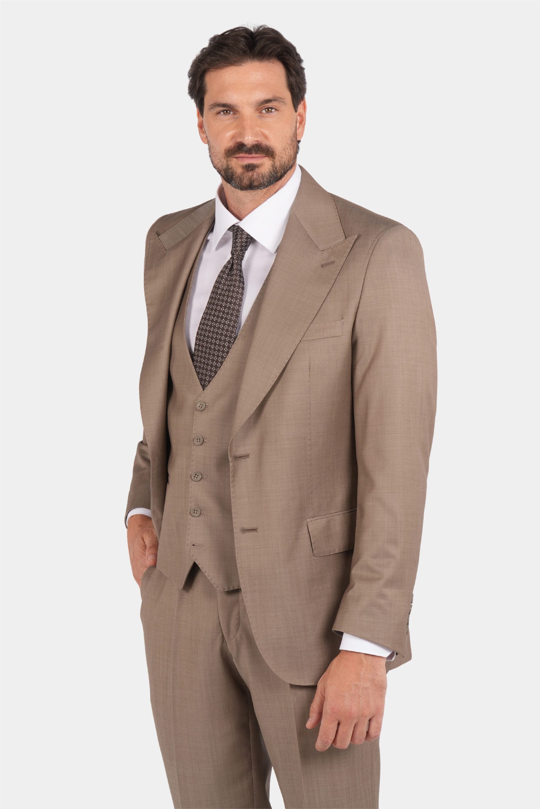 Sandbeige Dreiteiliger Woll-Anzug mit Tailored Fit