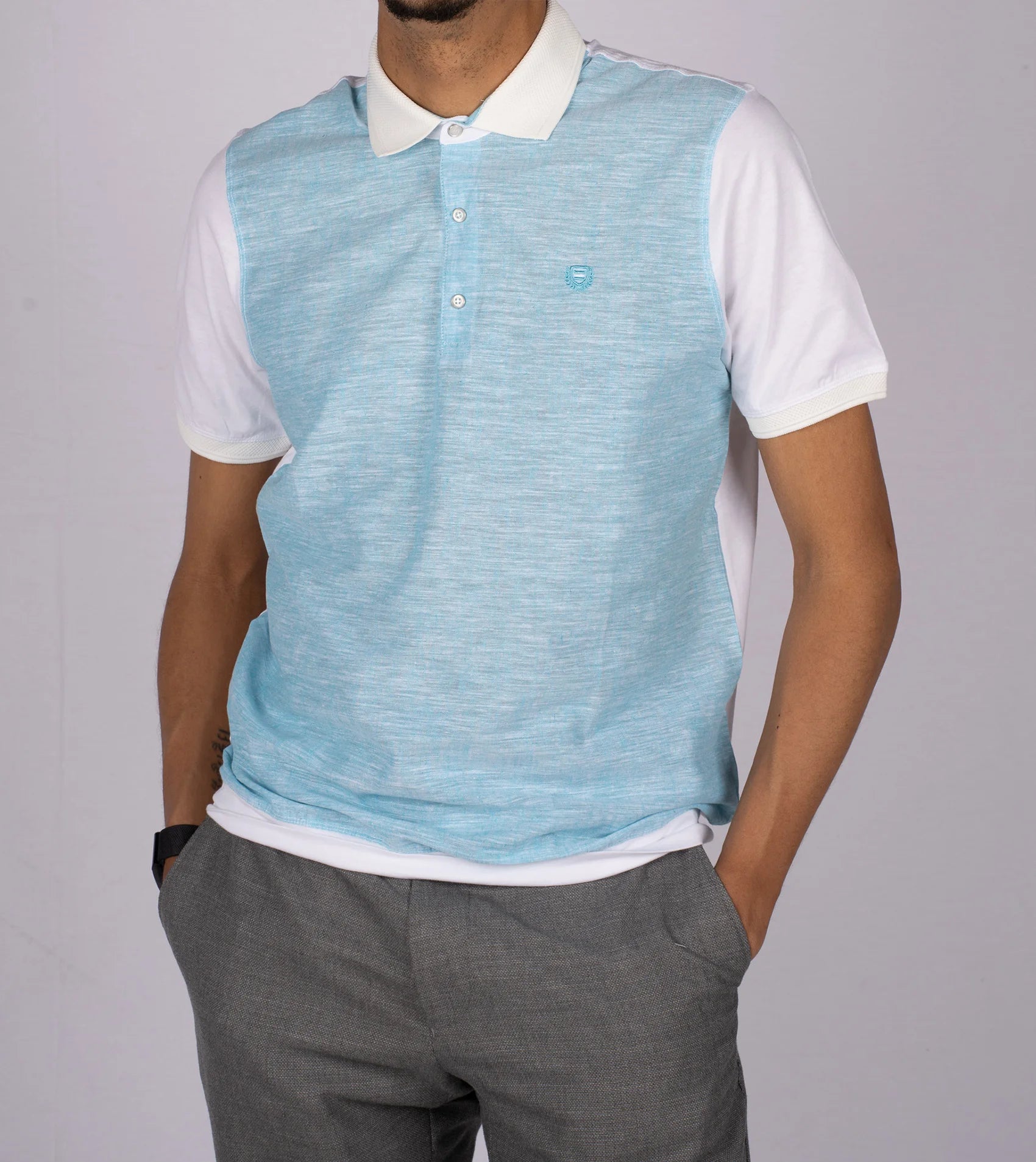 Turquoise and white patterned cotton polo shirt