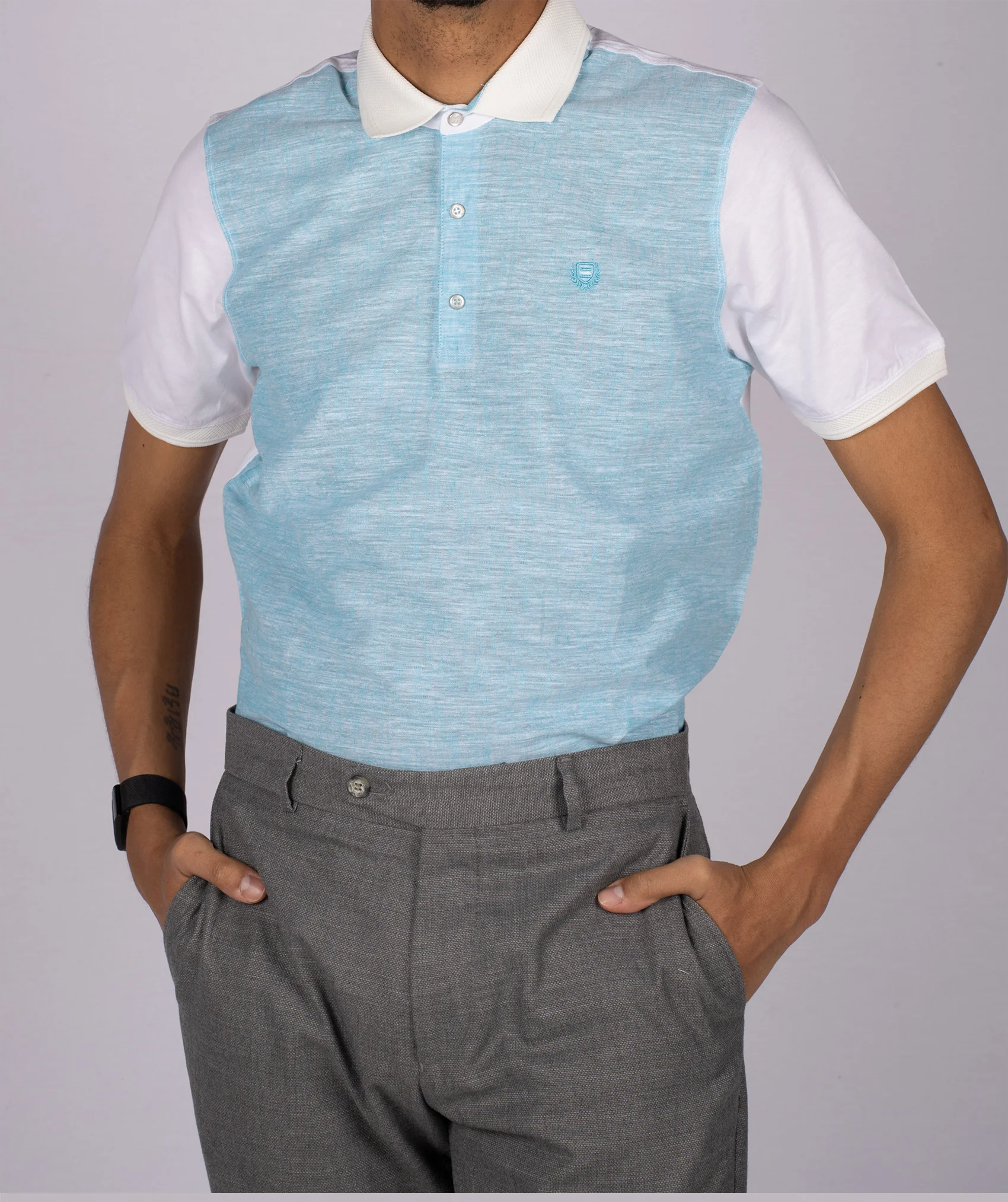Turquoise and white patterned cotton polo shirt