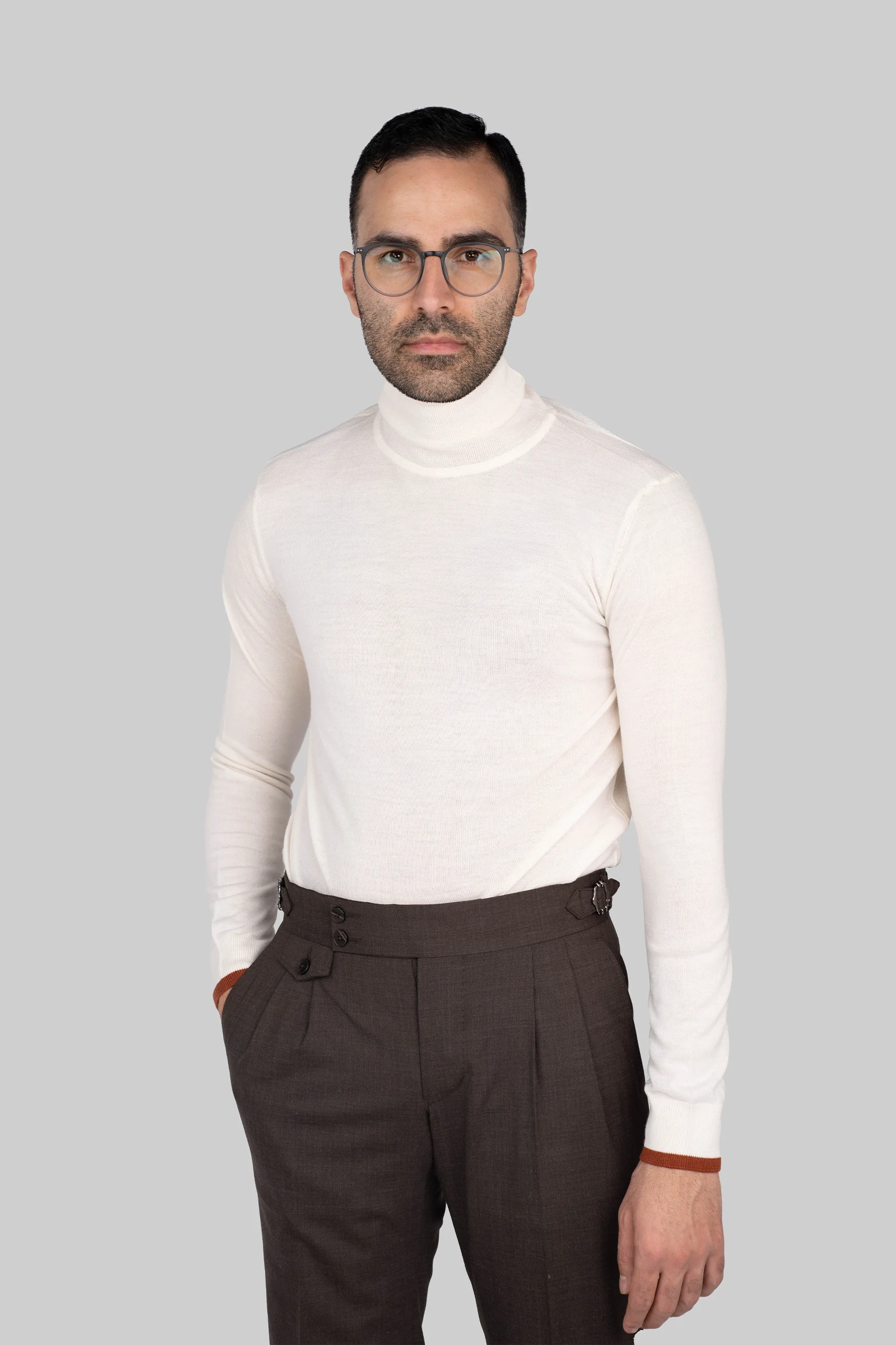Cremefarbener italienischer Woll-Acryl-زenpullover
