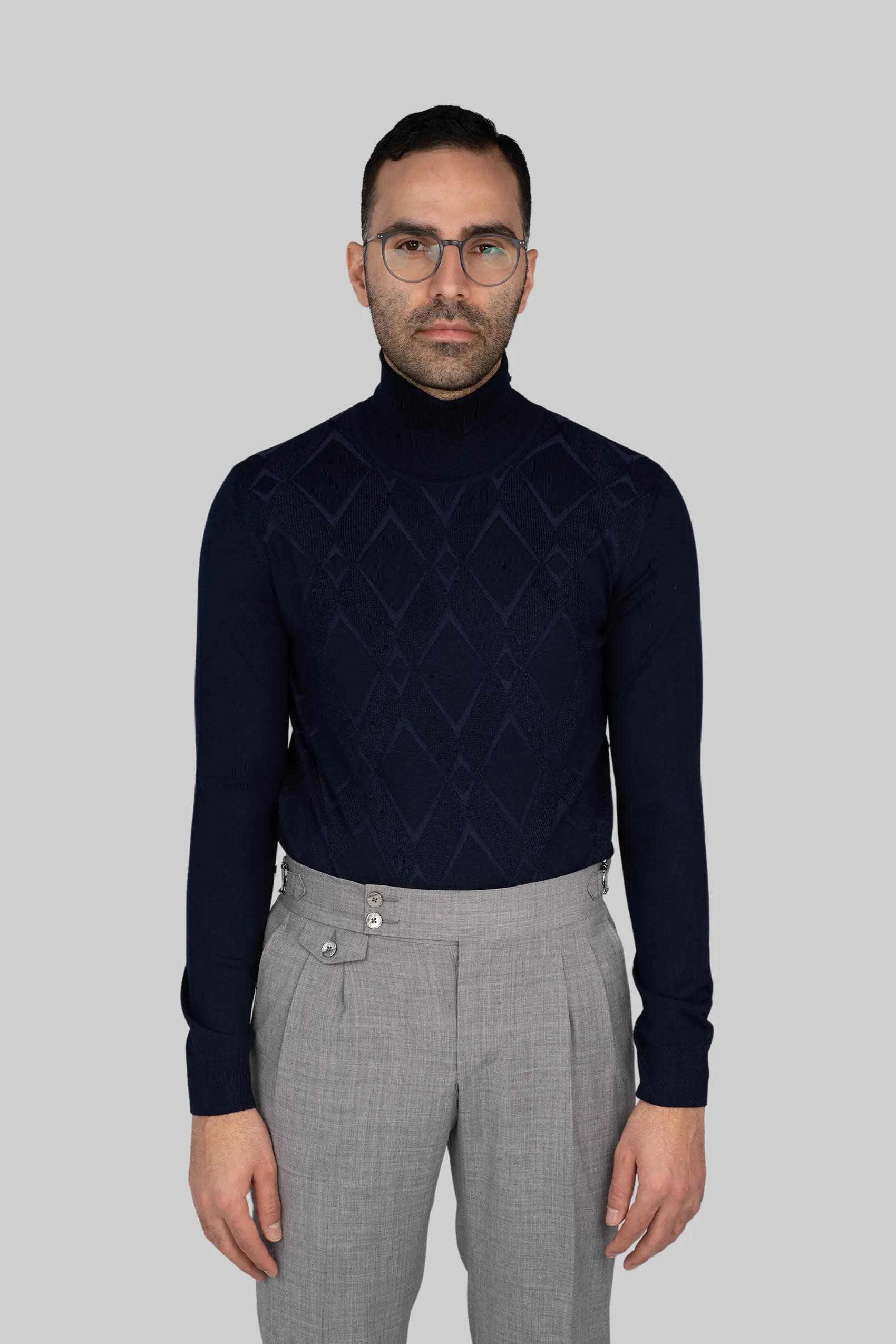 Dunkelblauer Rollkragenpullover aus italienischem Woll-Acryl-Gemisch