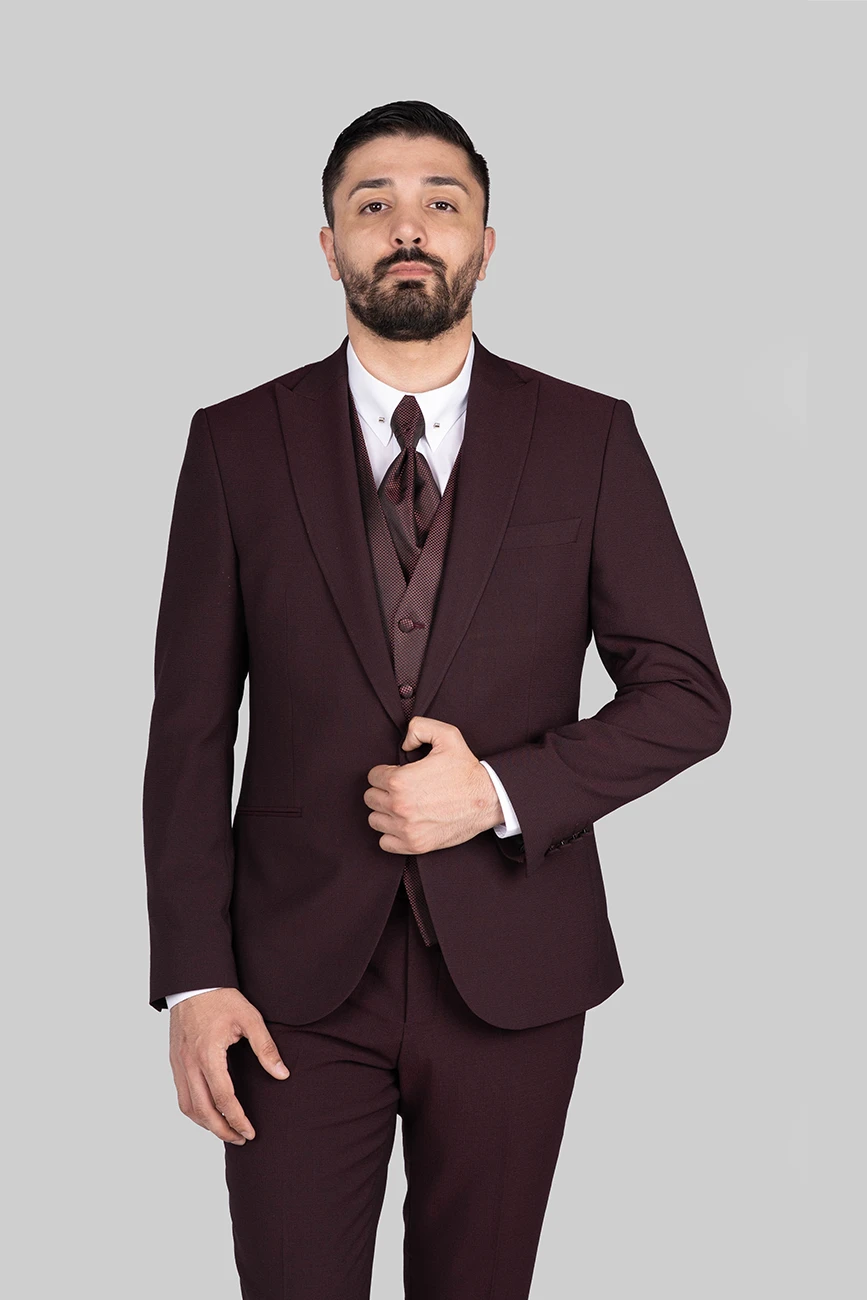 Bordeaux-colored three-piece microfiber suit with tailored fit