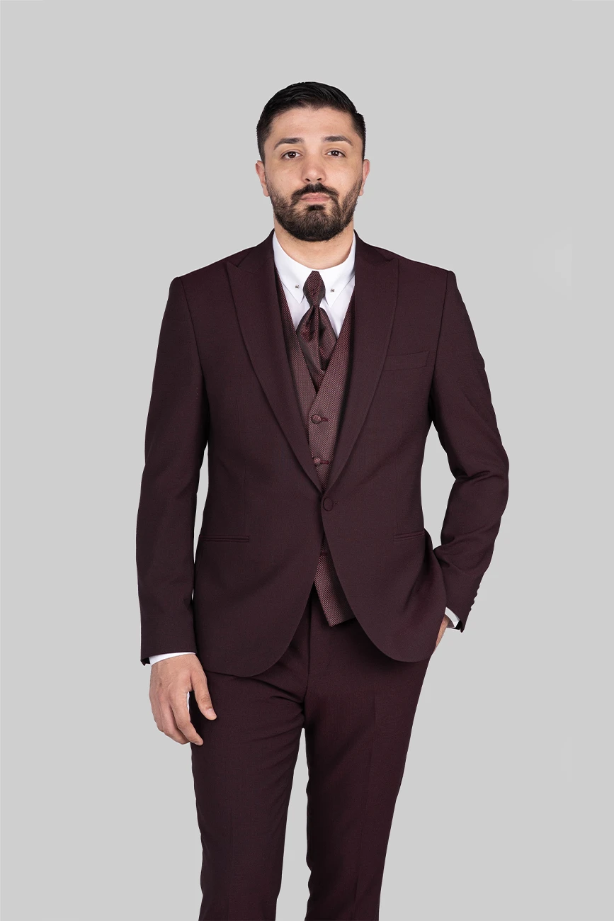 Bordeaux-colored three-piece microfiber suit with tailored fit