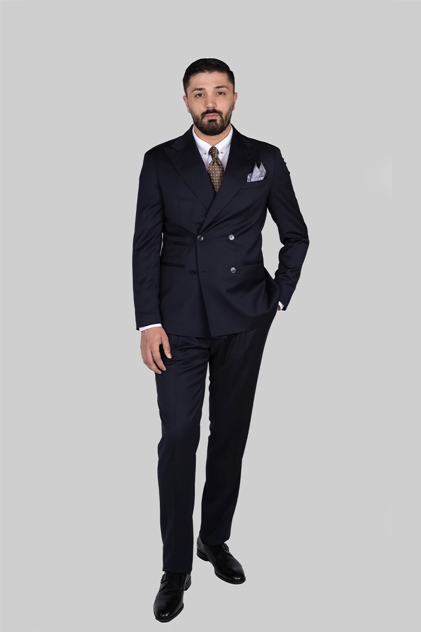 Dunkelblauer Doppelreiher-Anzug aus Wolle mit Tailored Fit