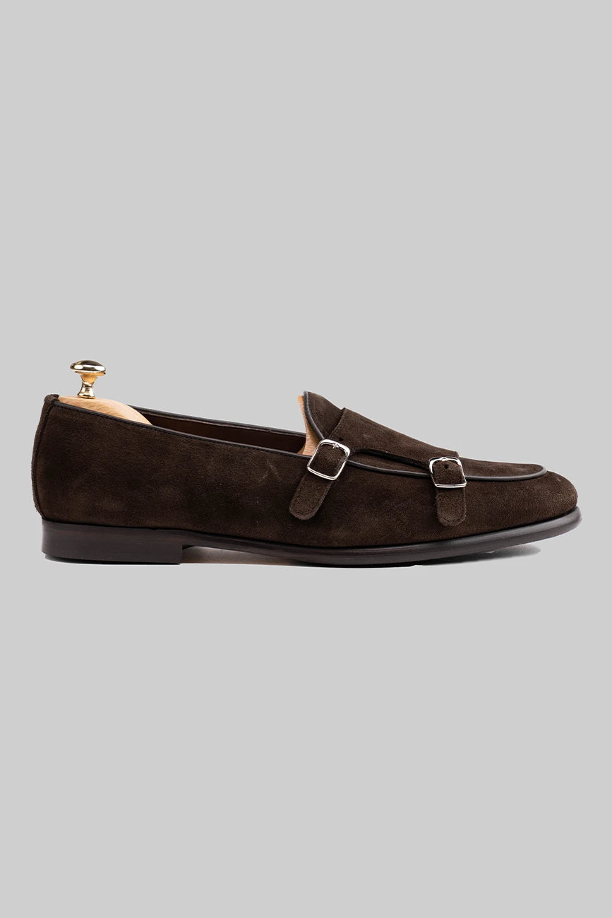 Brauner Double Monk Strap-Schuh aus Veloursleder