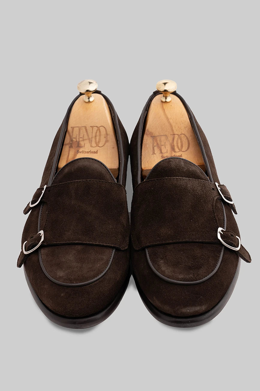 Brauner Double Monk Strap-Schuh aus Veloursleder