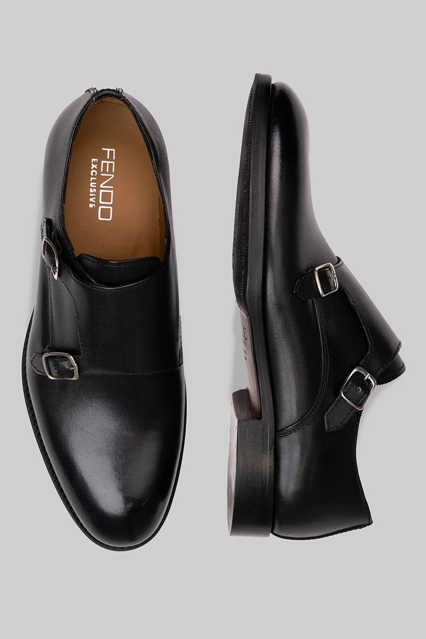 Schwarzer Double Monk Strap-Schuh aus Kalbsleder