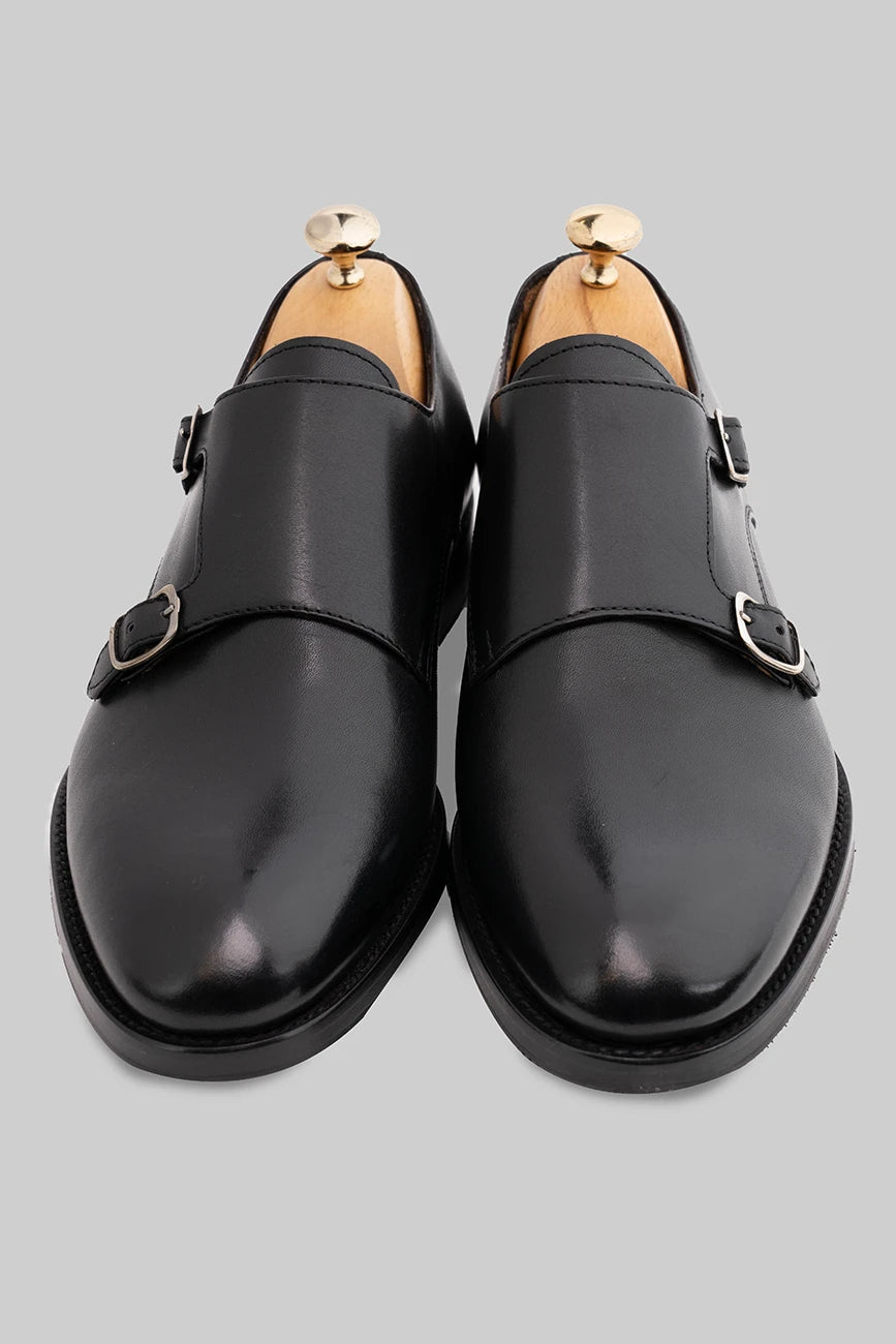 Schwarzer Double Monk Strap-Schuh aus Kalbsleder