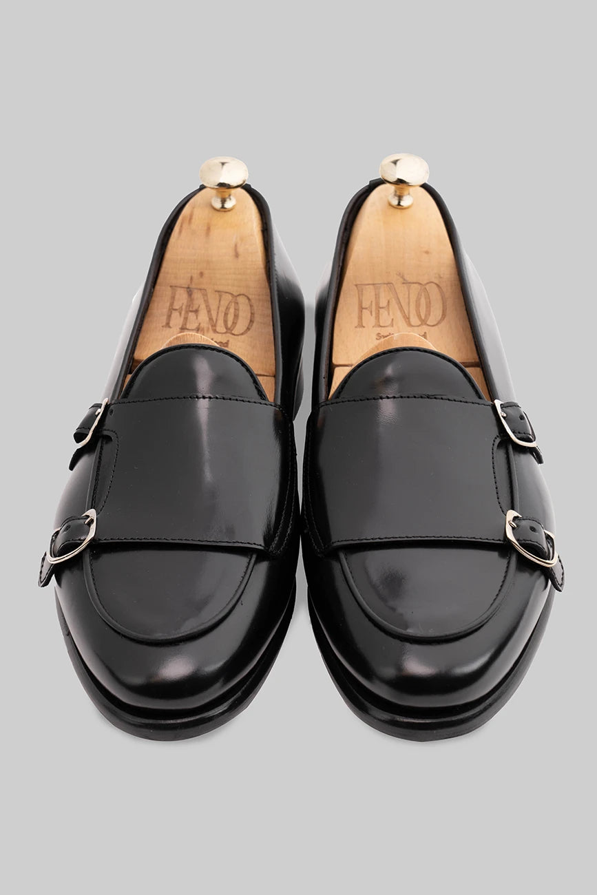 Schwarzer Double Monk Strap-Schuh aus Glattleder