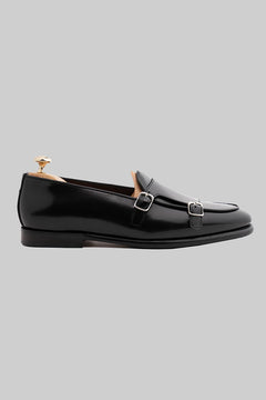 Schwarzer Double Monk Strap-Schuh aus Glattleder