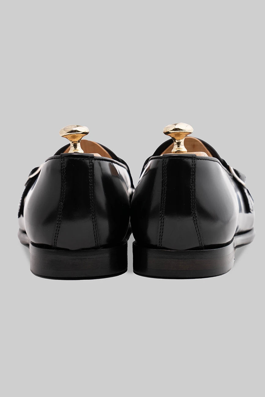 Schwarzer Double Monk Strap-Schuh aus Glattleder