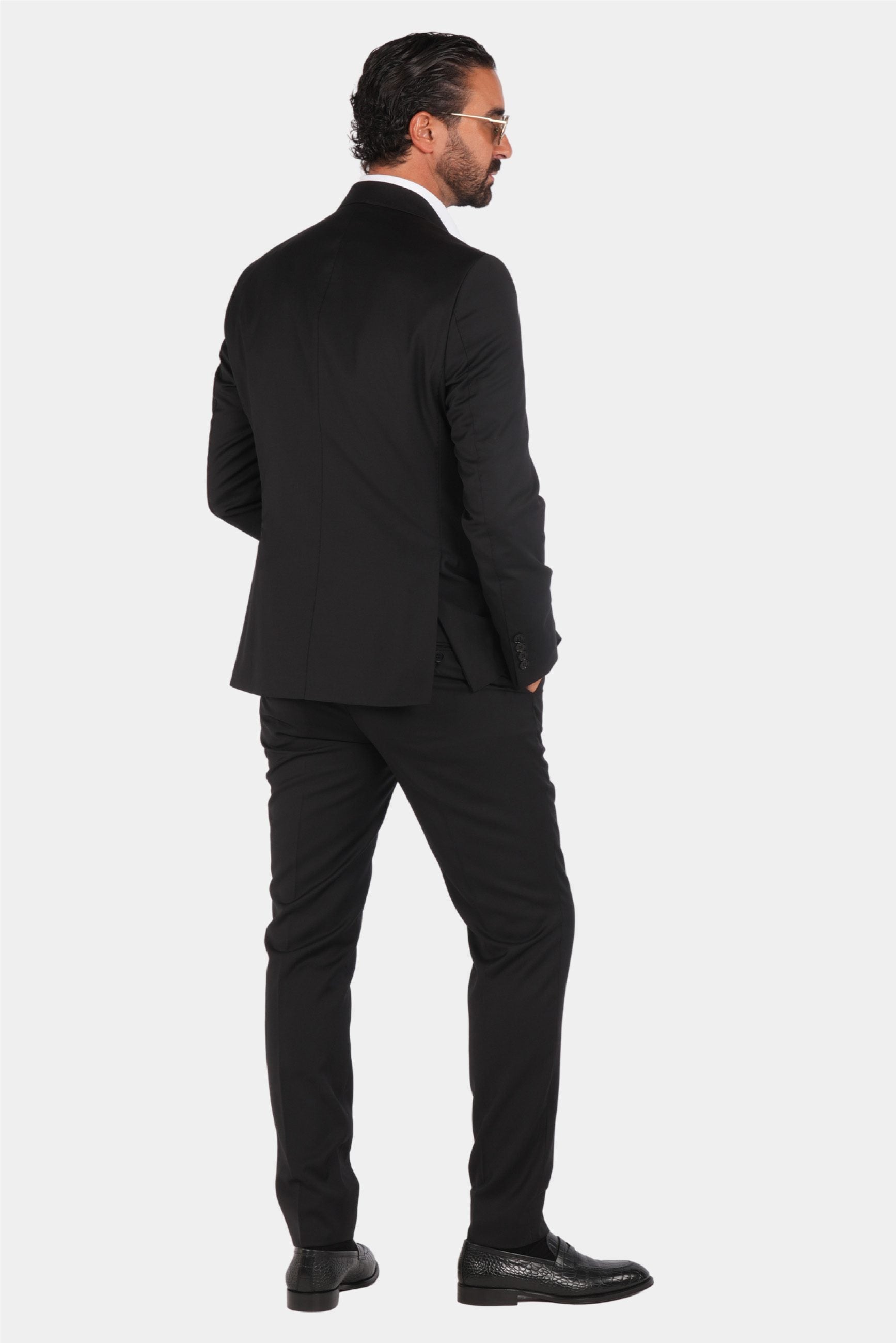 Schwarzer Slim Fit Zweireiher Anzug aus Wolle