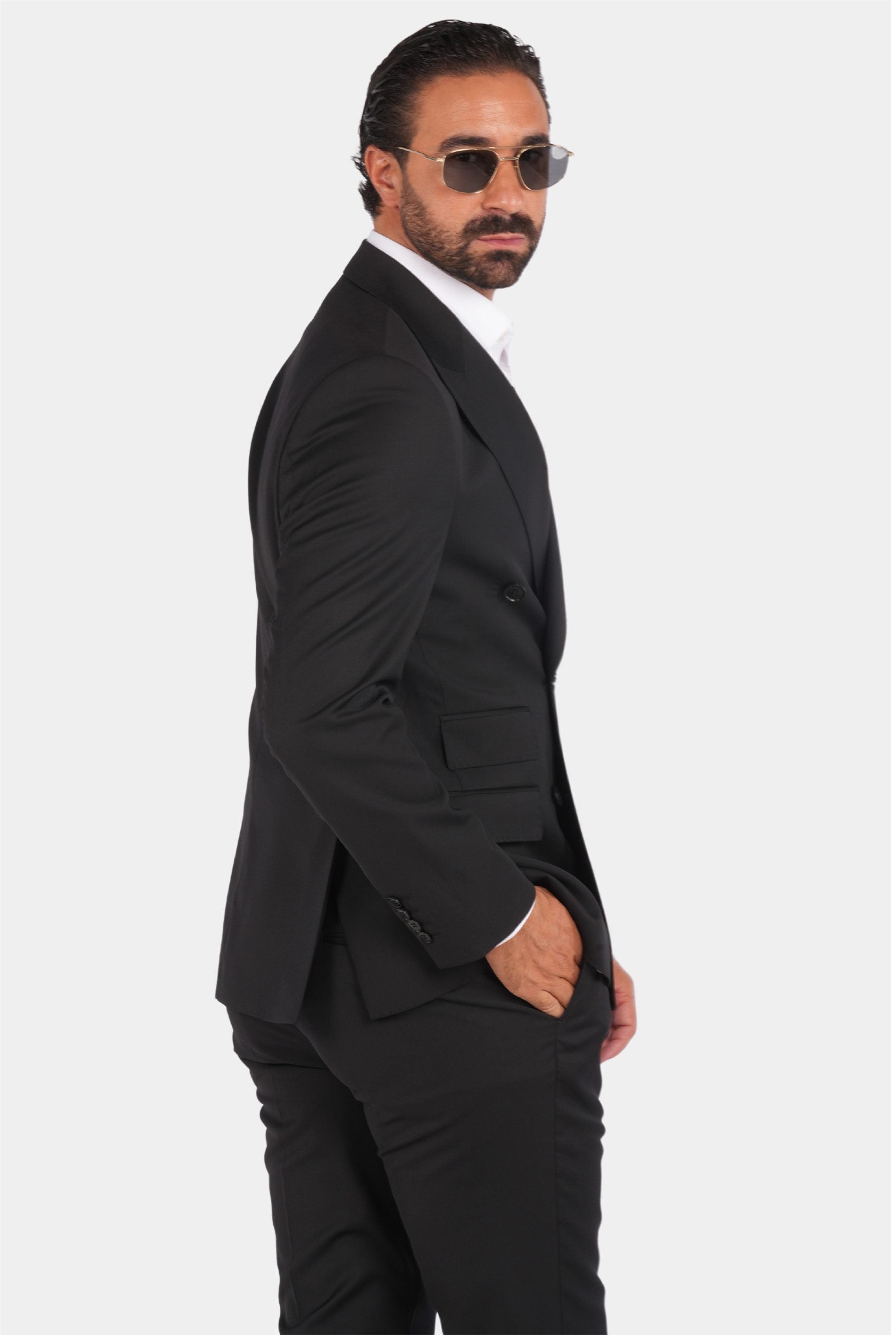 Schwarzer Slim Fit Zweireiher Anzug aus Wolle