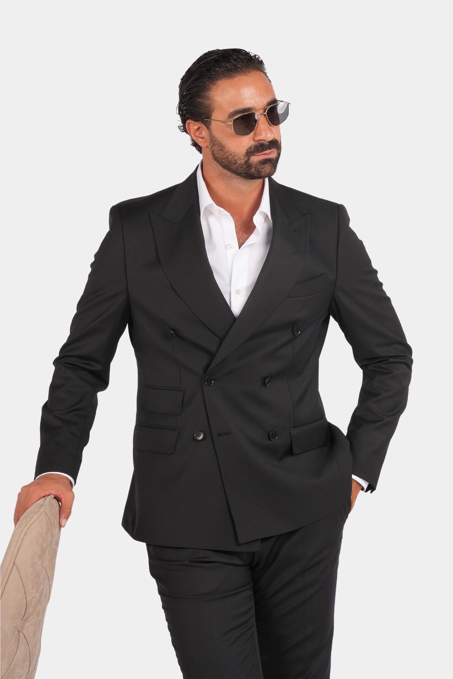 Schwarzer Slim Fit Zweireiher Anzug aus Wolle