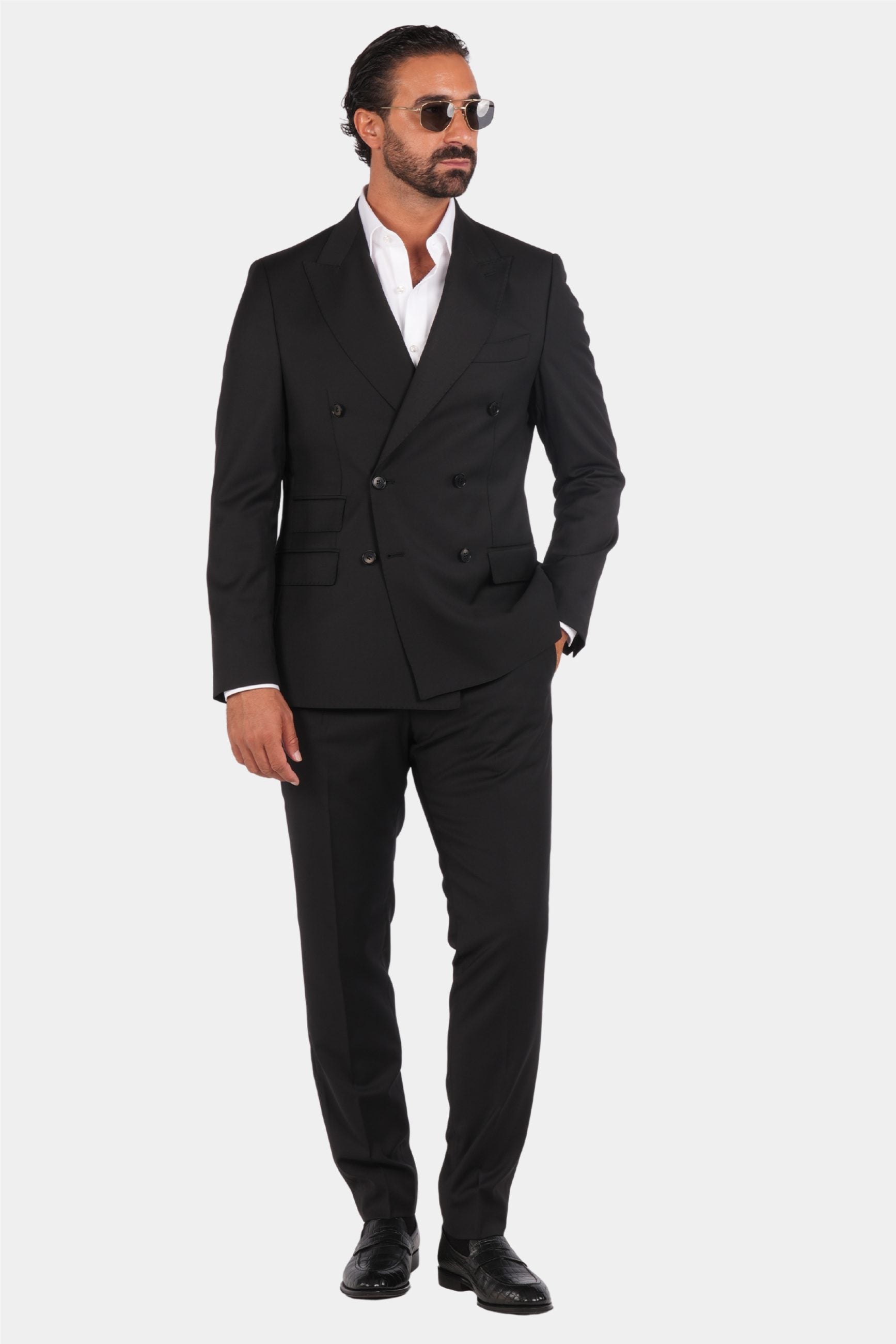 Schwarzer Slim Fit Zweireiher Anzug aus Wolle