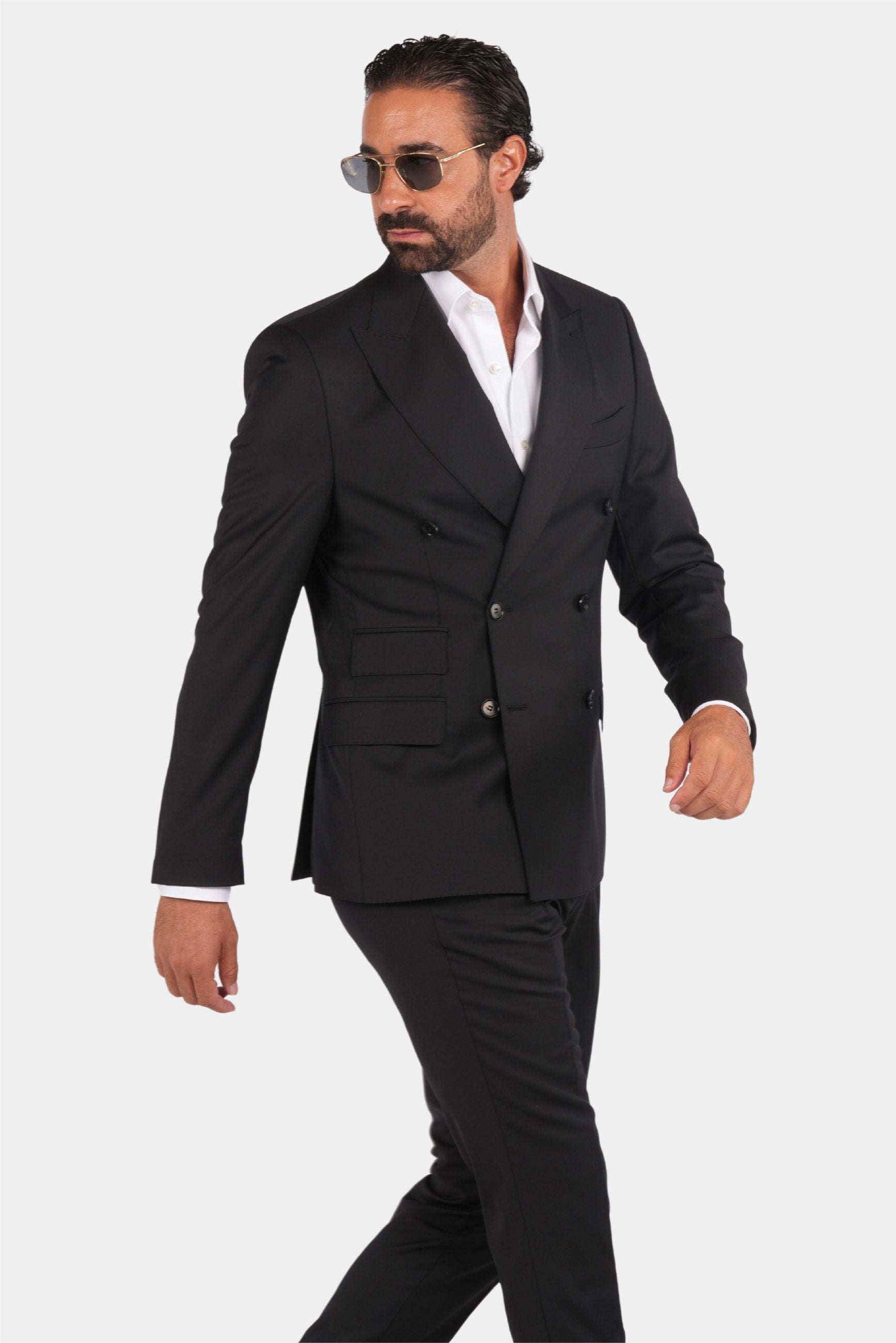 Schwarzer Slim Fit Zweireiher Anzug aus Wolle
