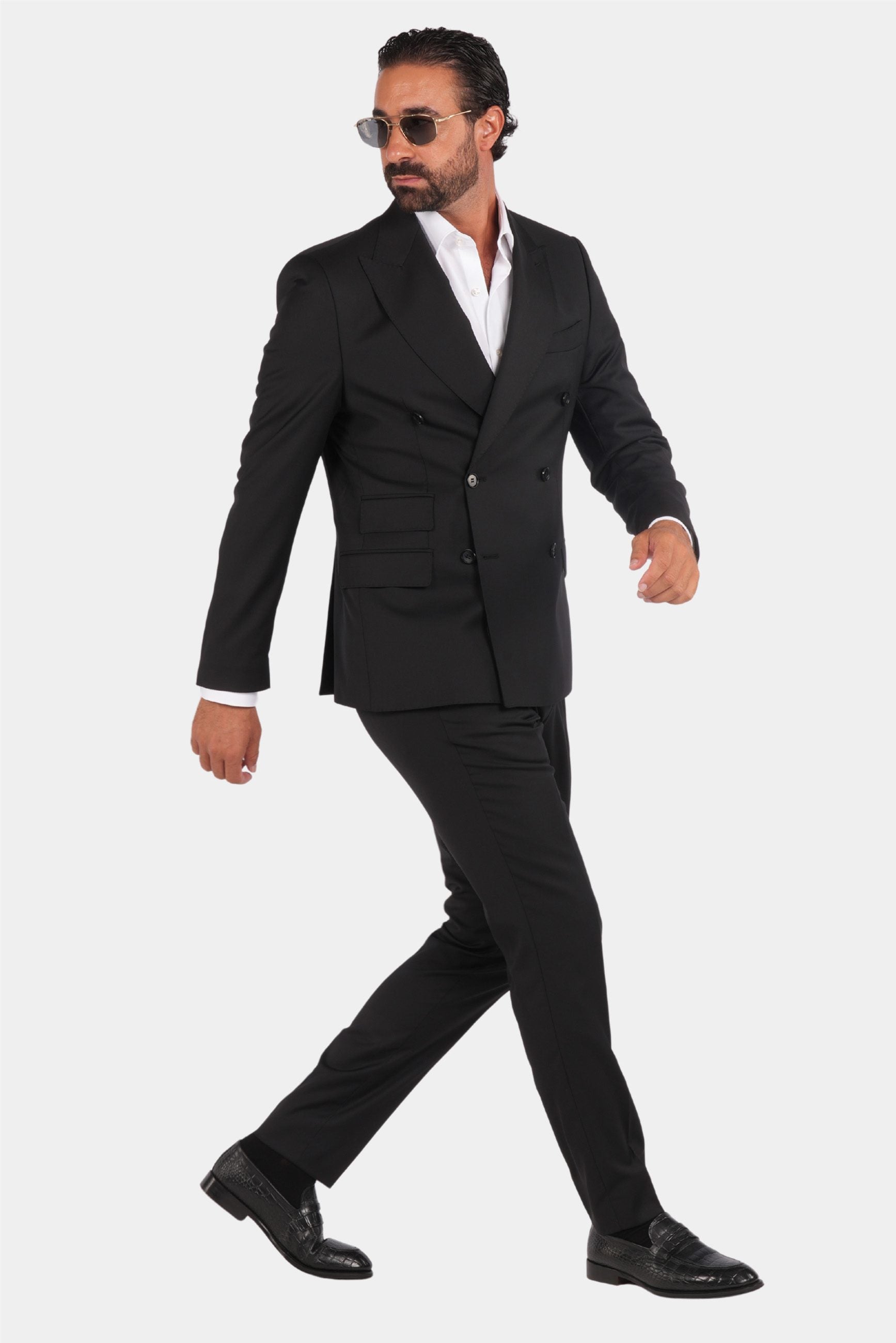 Schwarzer Slim Fit Zweireiher Anzug aus Wolle
