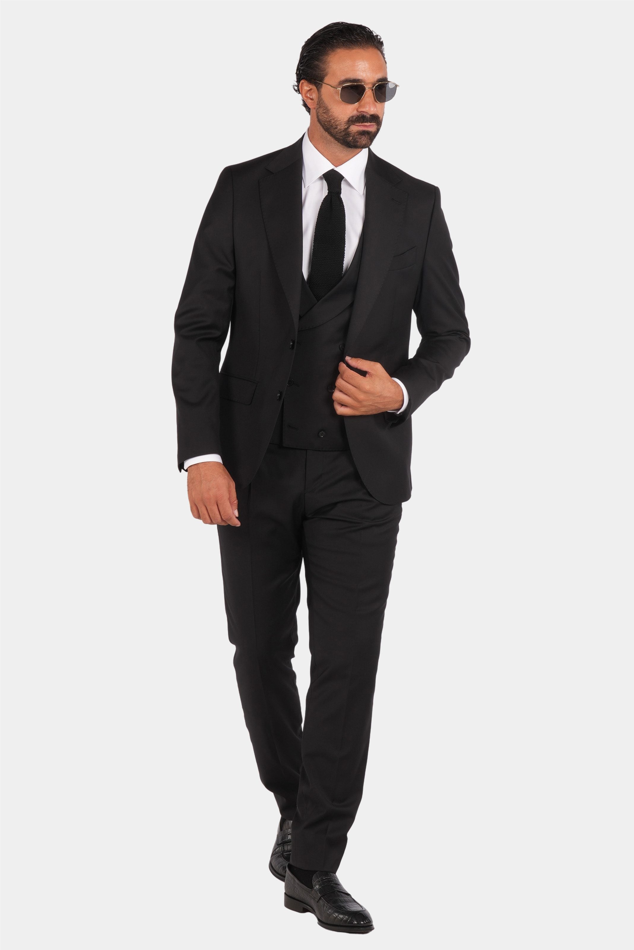 Schwarzer Slim Fit Einreiher Dreiteiliger Anzug aus Wolle