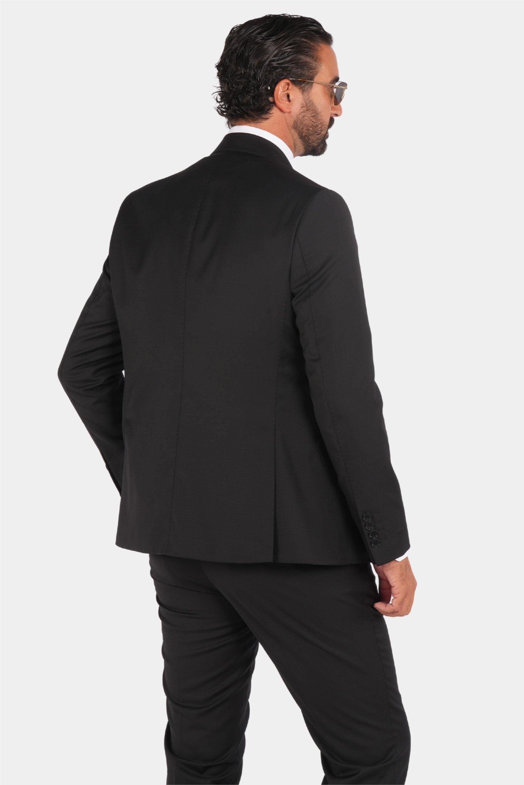 Schwarzer Slim Fit Einreiher Dreiteiliger Anzug aus Wolle