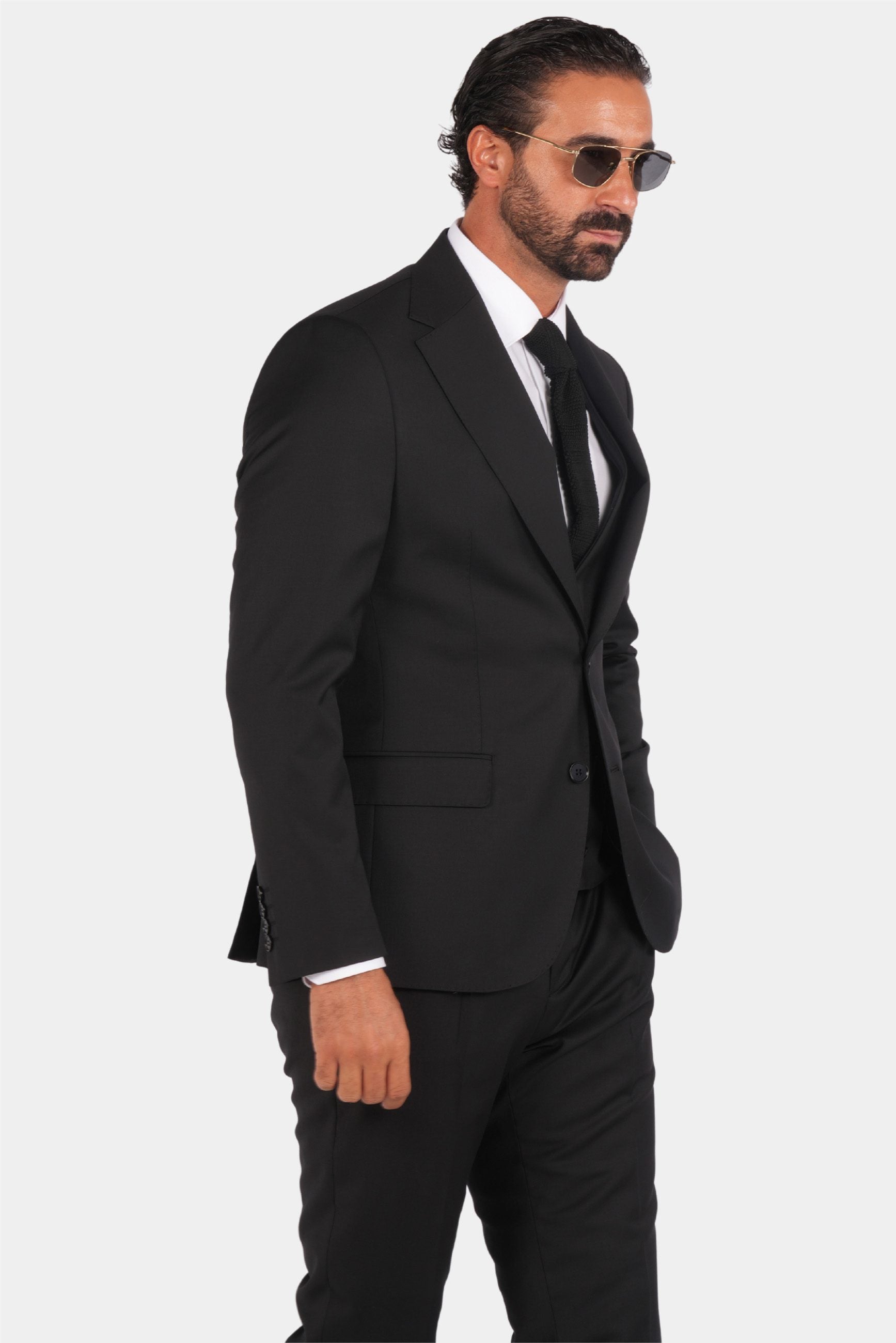 Schwarzer Slim Fit Einreiher Dreiteiliger Anzug aus Wolle