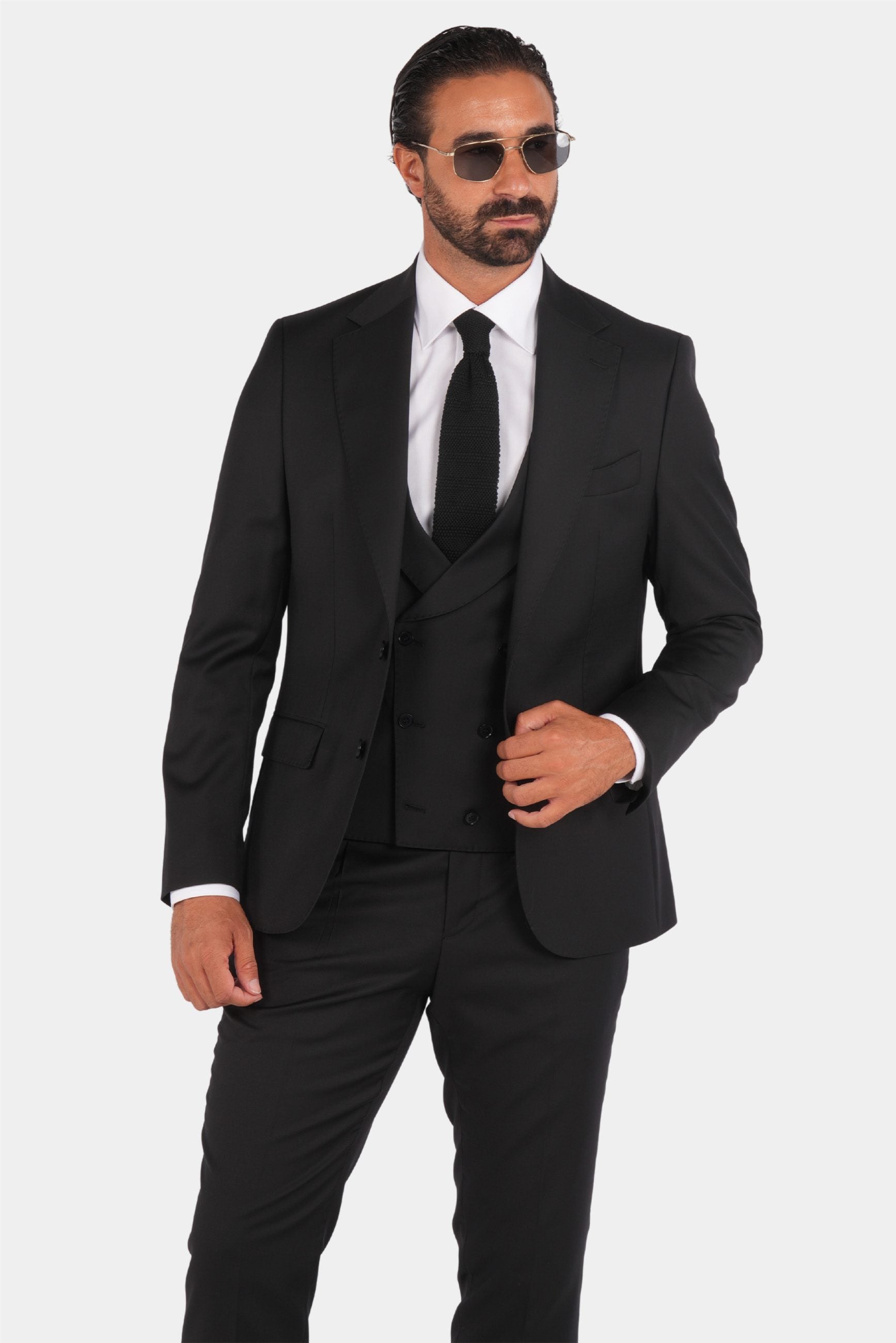 Schwarzer Slim Fit Einreiher Dreiteiliger Anzug aus Wolle
