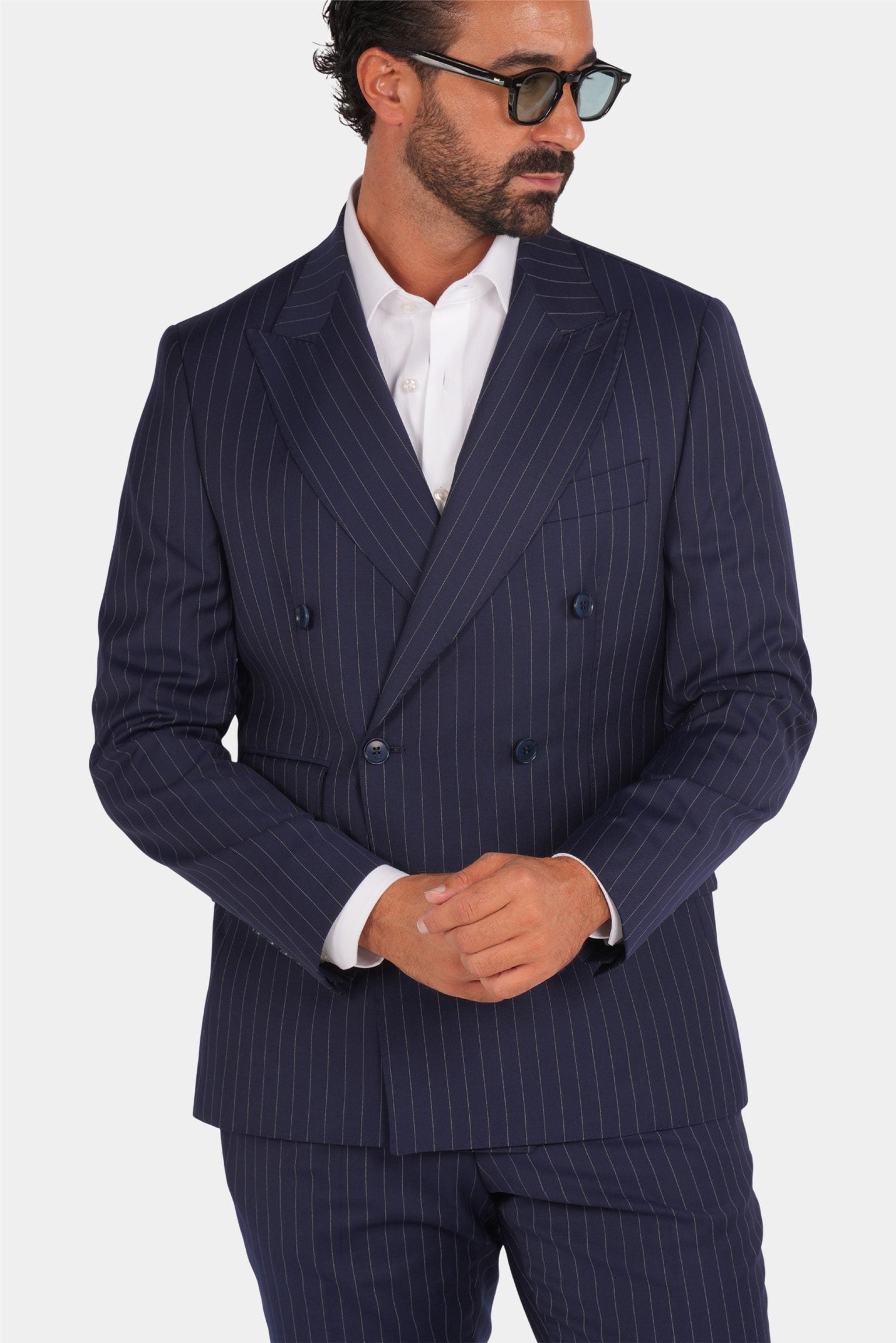 Marineblauer Nadelstreifen Slim Fit Zweireiher Anzug aus Wolle