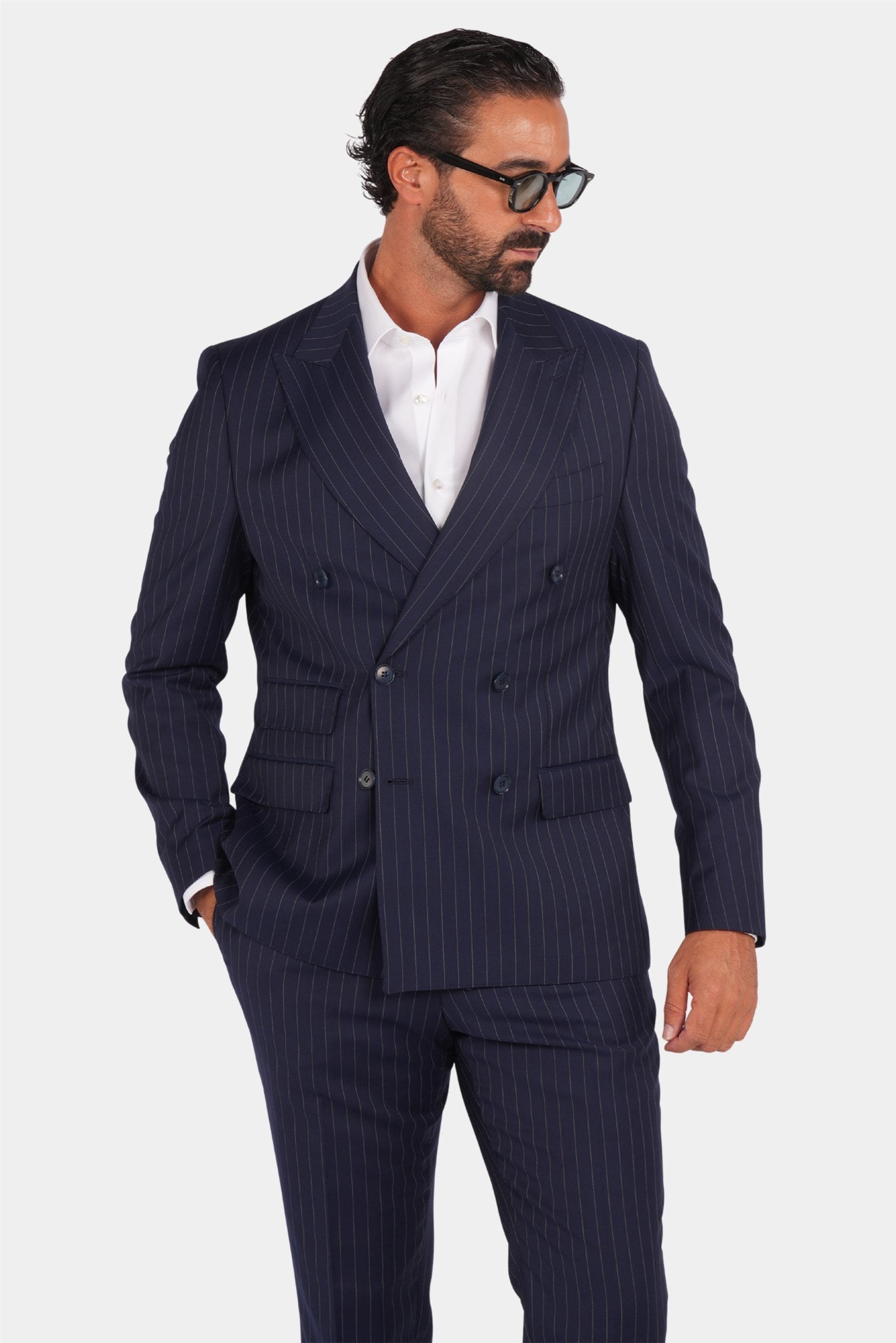 Marineblauer Nadelstreifen Slim Fit Zweireiher Anzug aus Wolle