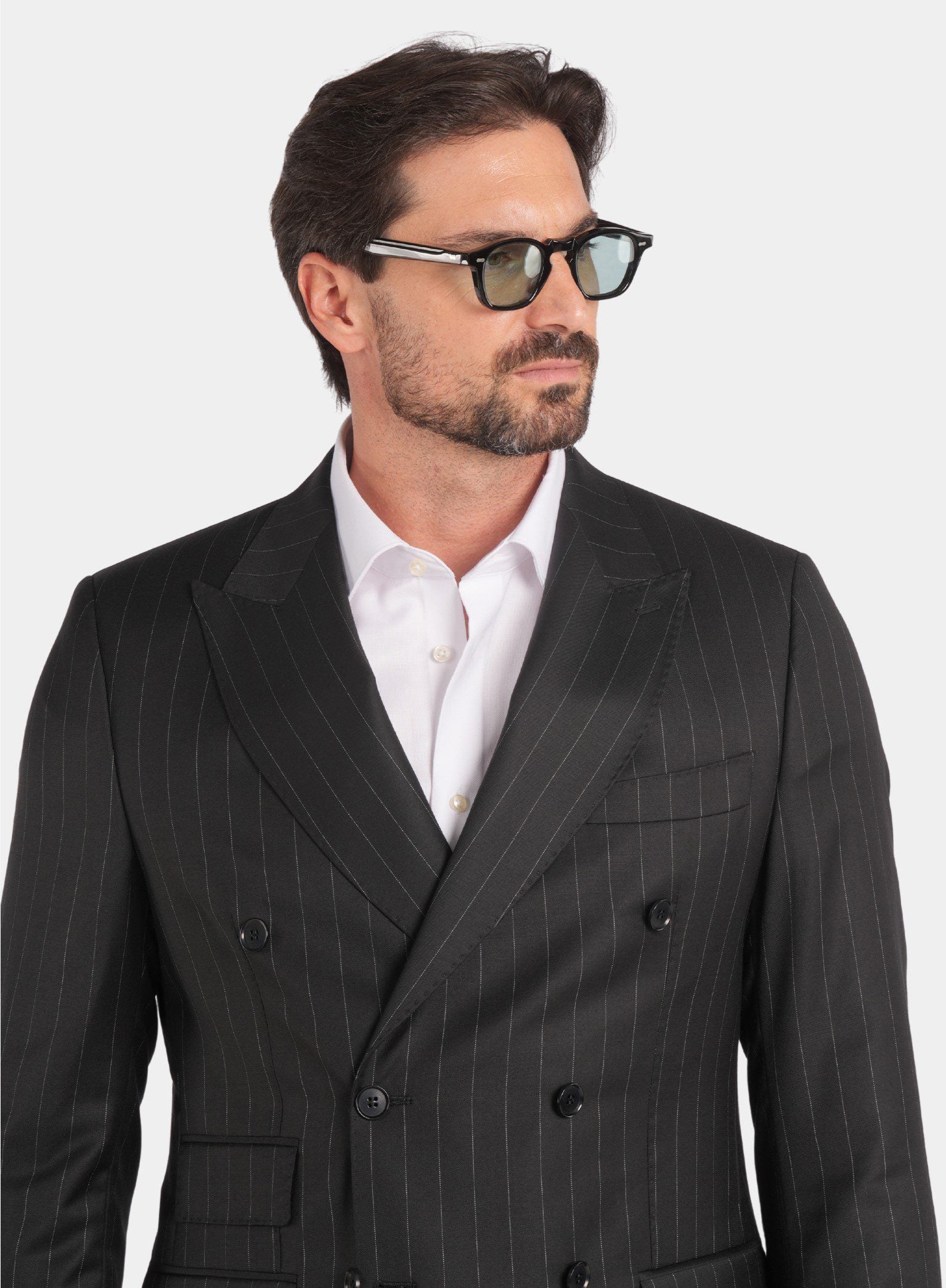 Schwarzer Nadelstreifen Slim Fit Zweireiher Anzug aus Wolle