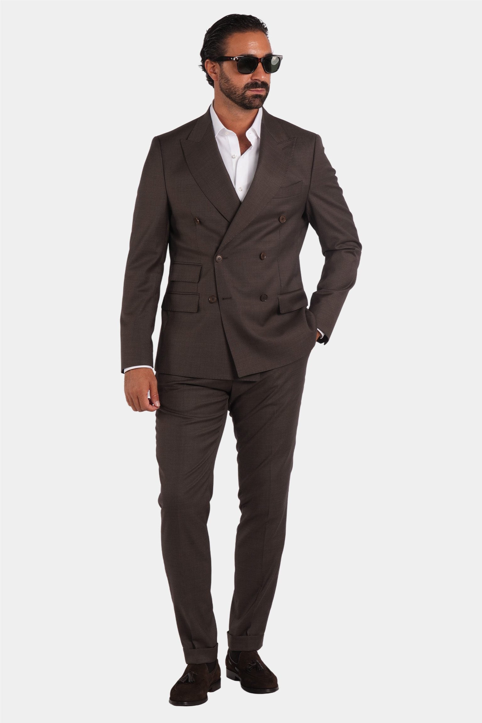 Brauner Slim Fit Zweireiher Anzug aus Wolle