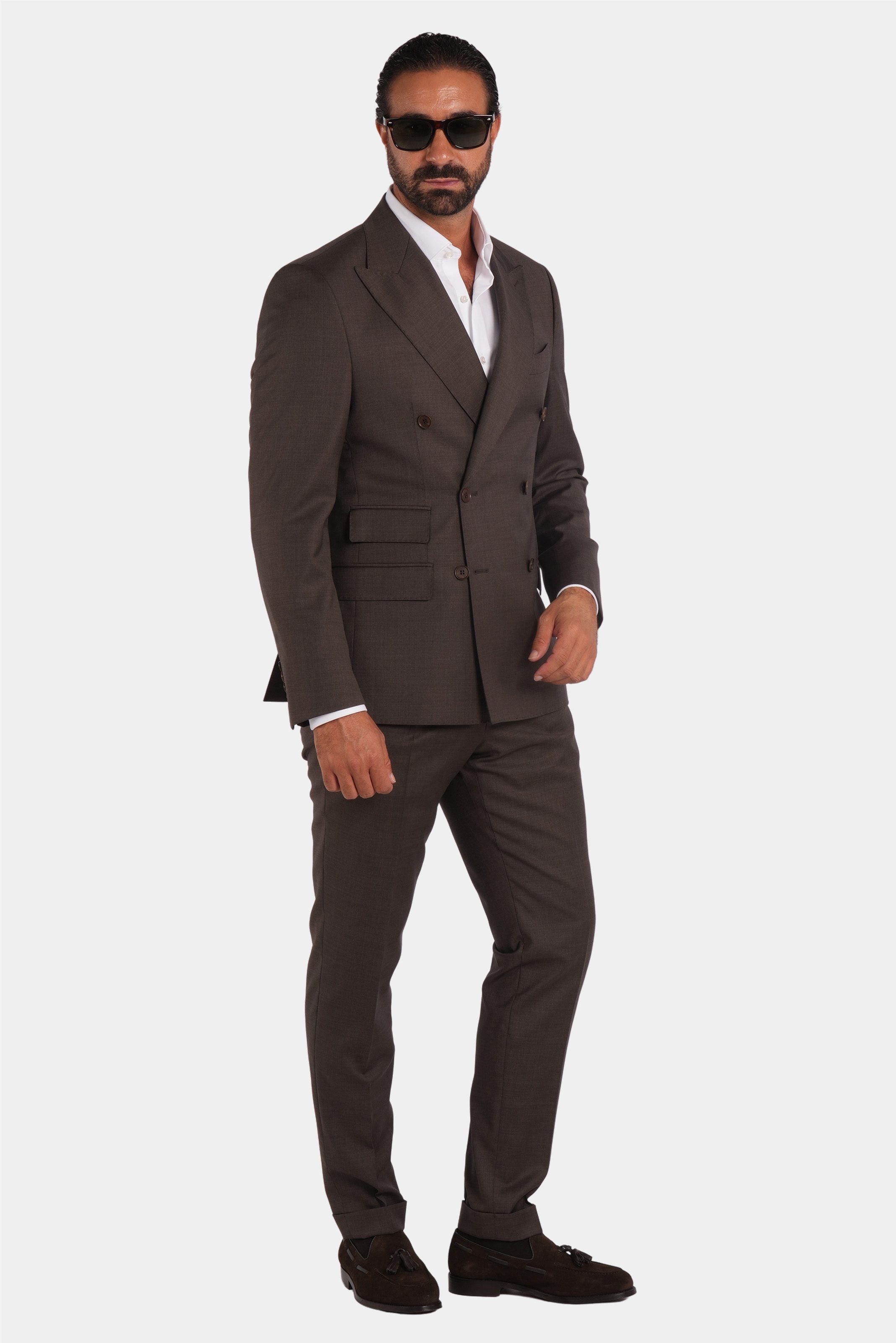 Brauner Slim Fit Zweireiher Anzug aus Wolle