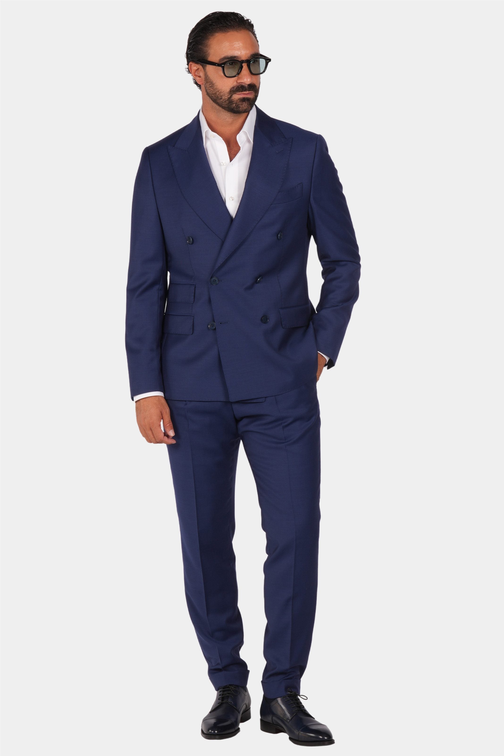 Blauer Slim Fit Zweireiher Anzug aus Wolle