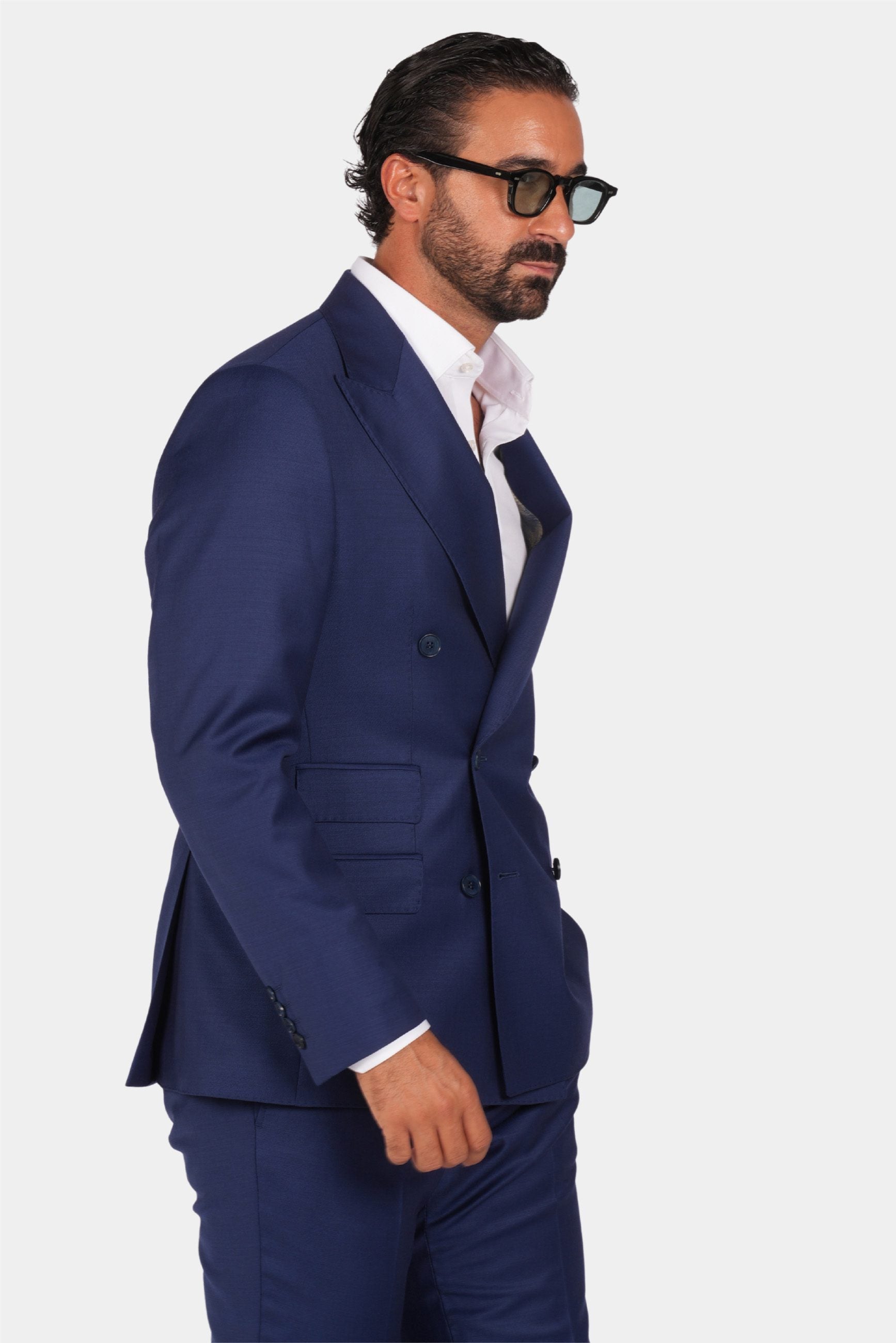 Blauer Slim Fit Zweireiher Anzug aus Wolle