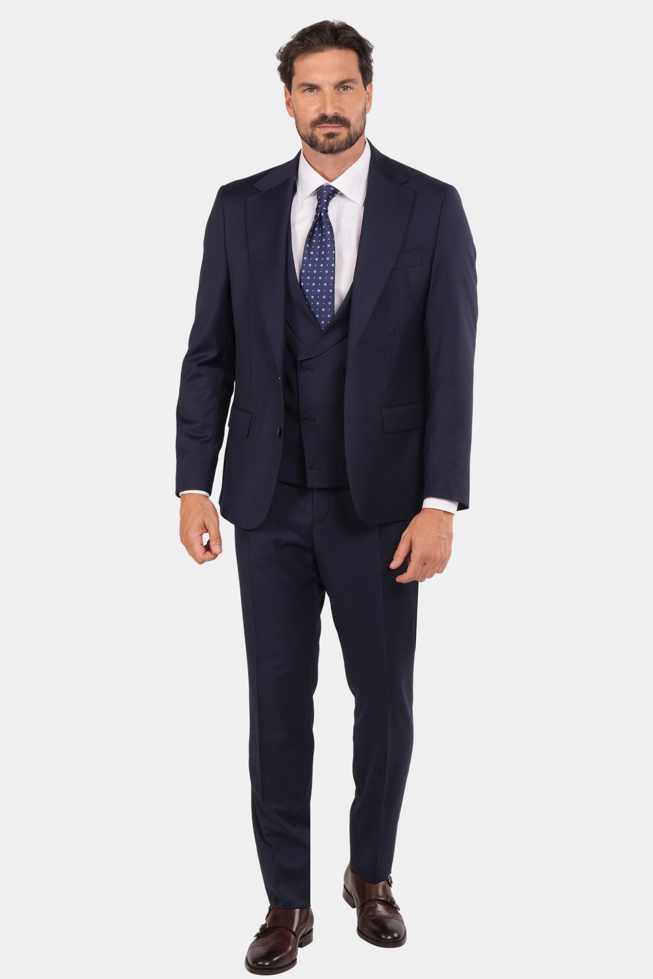 Marineblauer Slim Fit Dreiteiliger Anzug aus Wolle