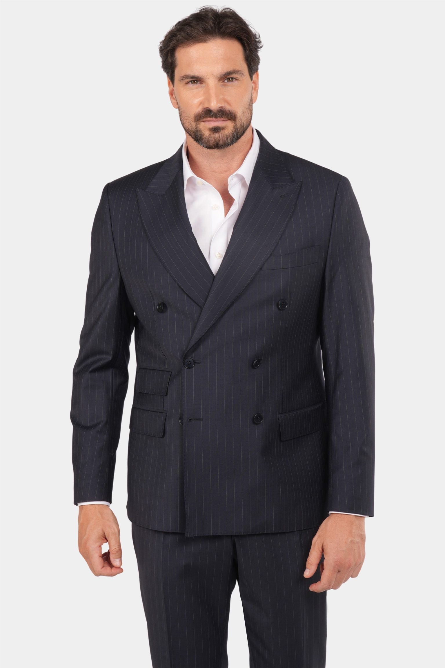 Dunkelblauer Nadelstreifen Slim Fit Zweireiher Anzug aus Wolle