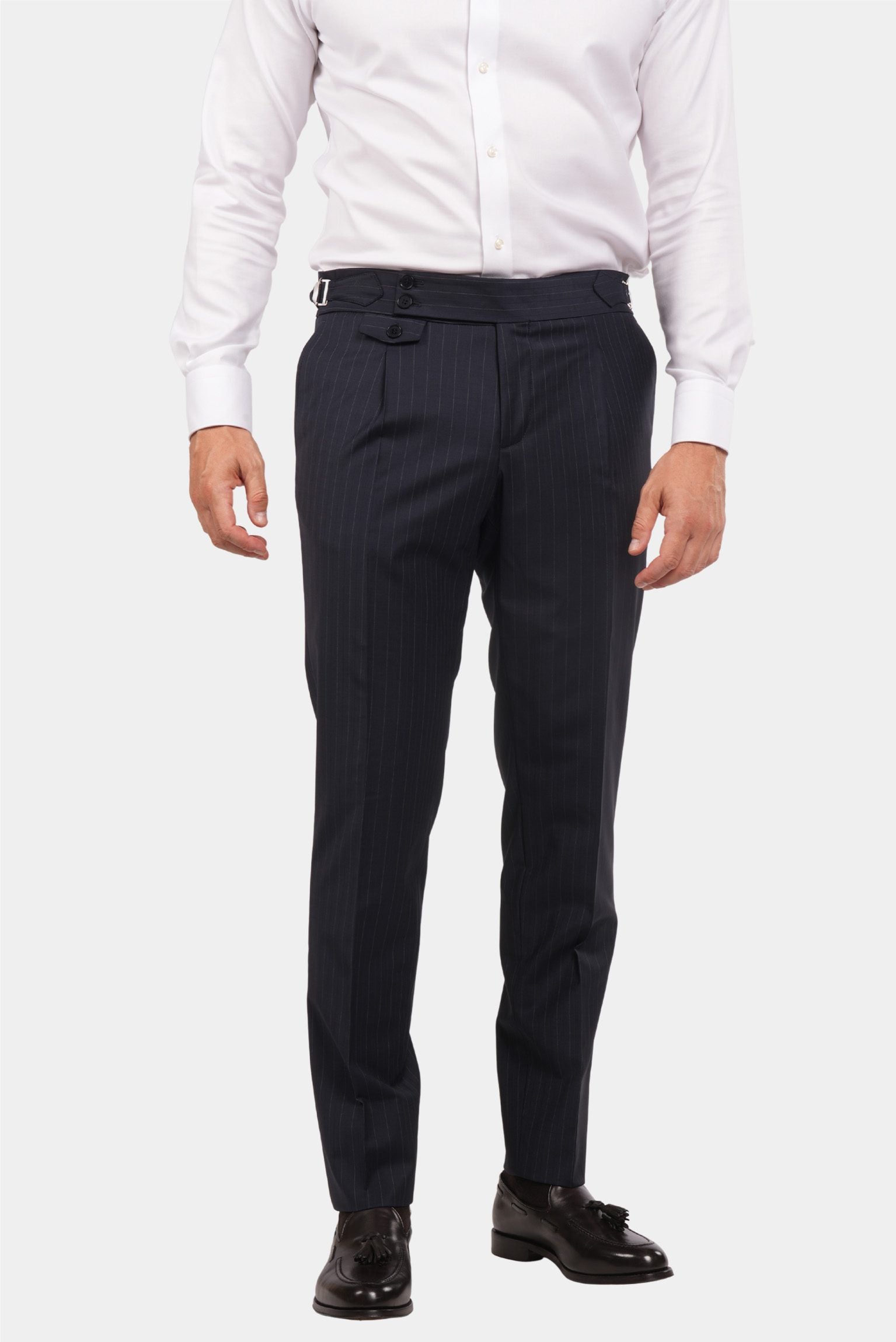 Dunkelblauer Nadelstreifen Slim Fit Zweireiher Anzug aus Wolle