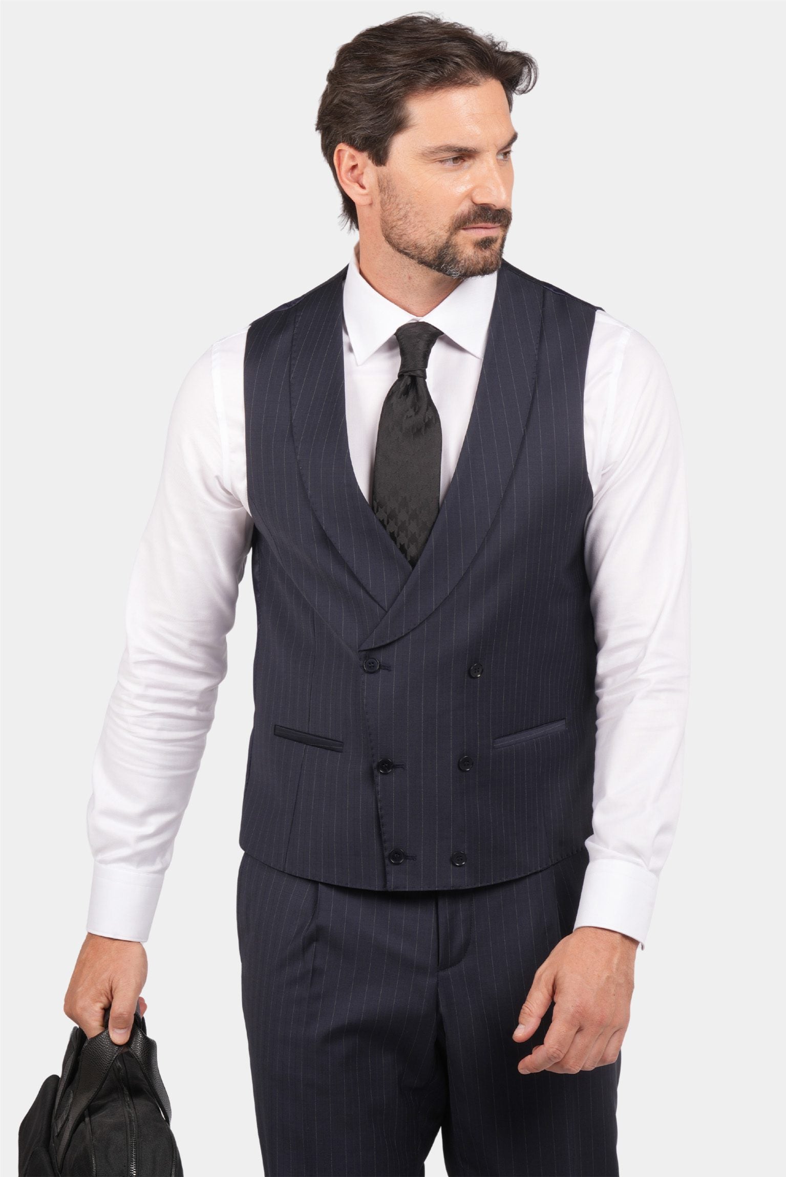 Dunkelblauer Nadelstreifen Slim Fit Dreiteiliger Anzug aus Wolle