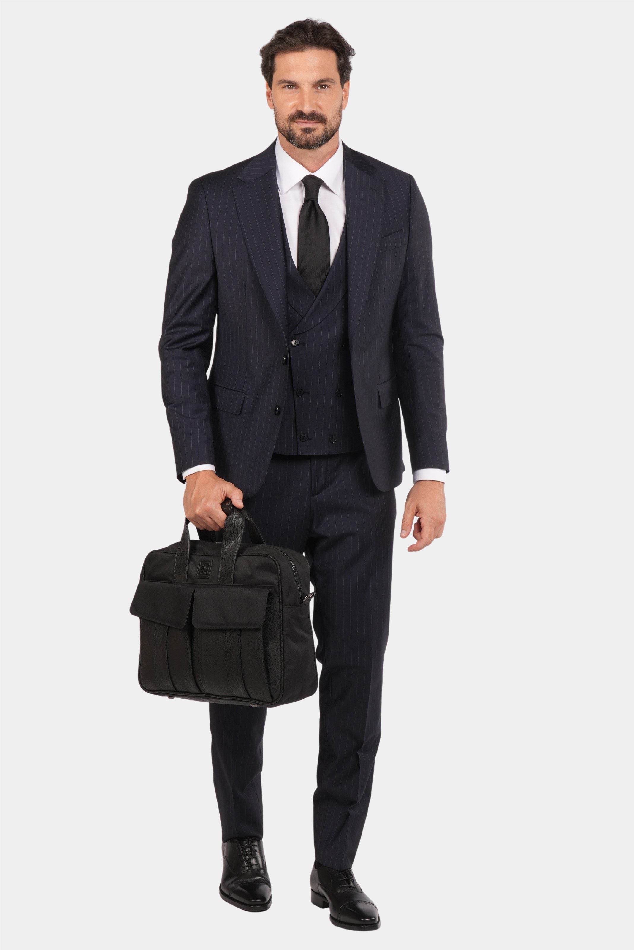 Dunkelblauer Nadelstreifen Slim Fit Dreiteiliger Anzug aus Wolle
