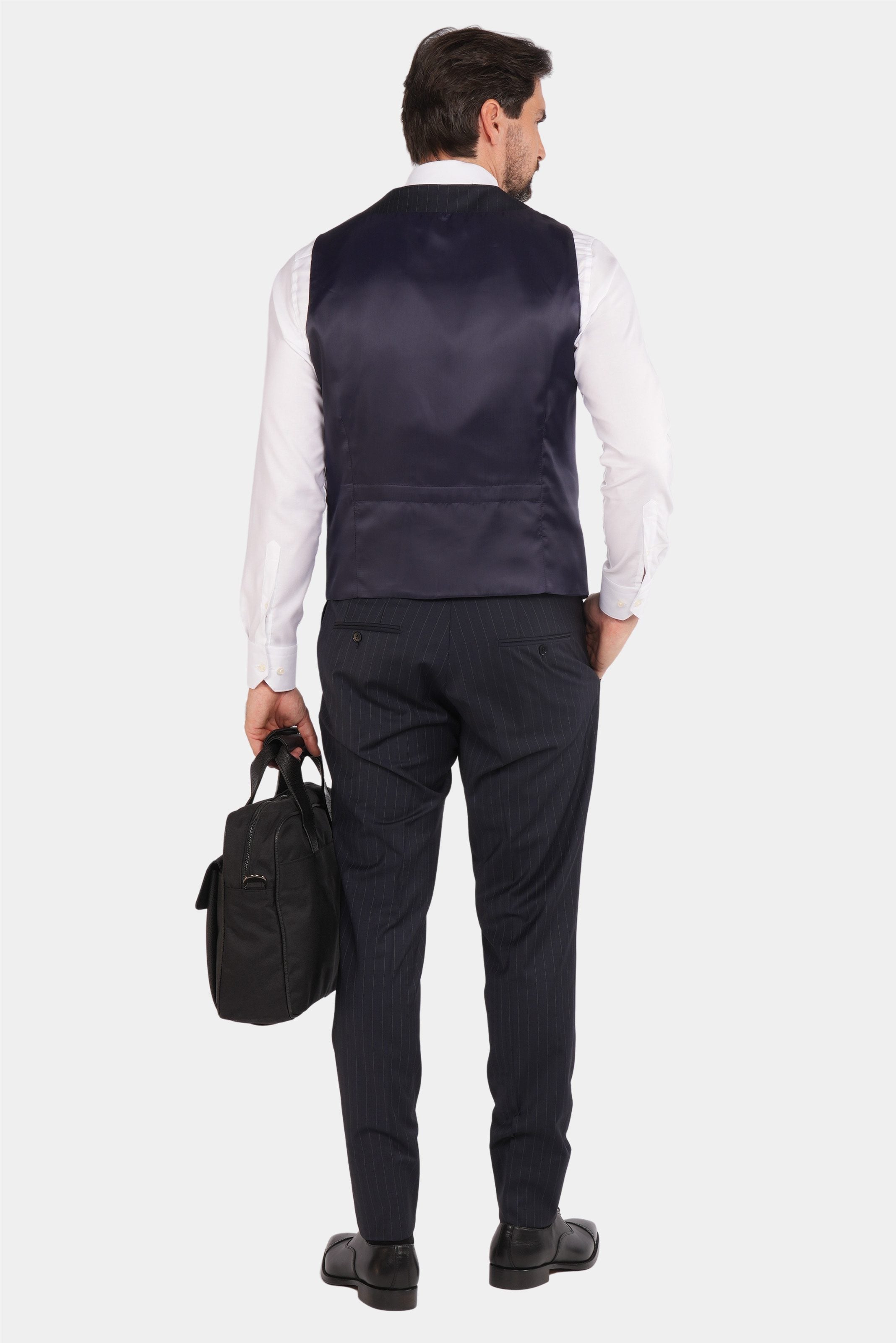 Dunkelblauer Nadelstreifen Slim Fit Dreiteiliger Anzug aus Wolle