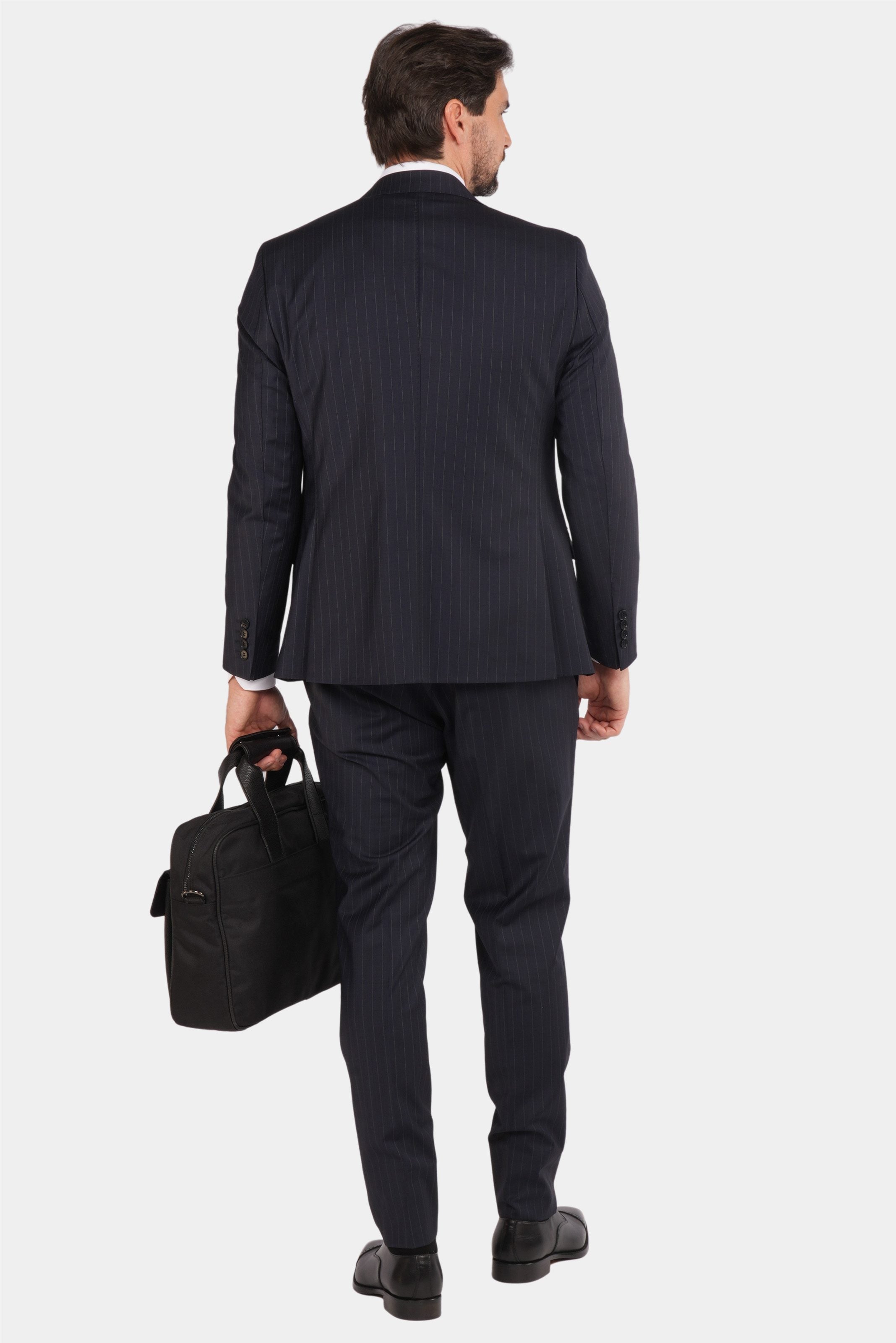Dunkelblauer Nadelstreifen Slim Fit Dreiteiliger Anzug aus Wolle