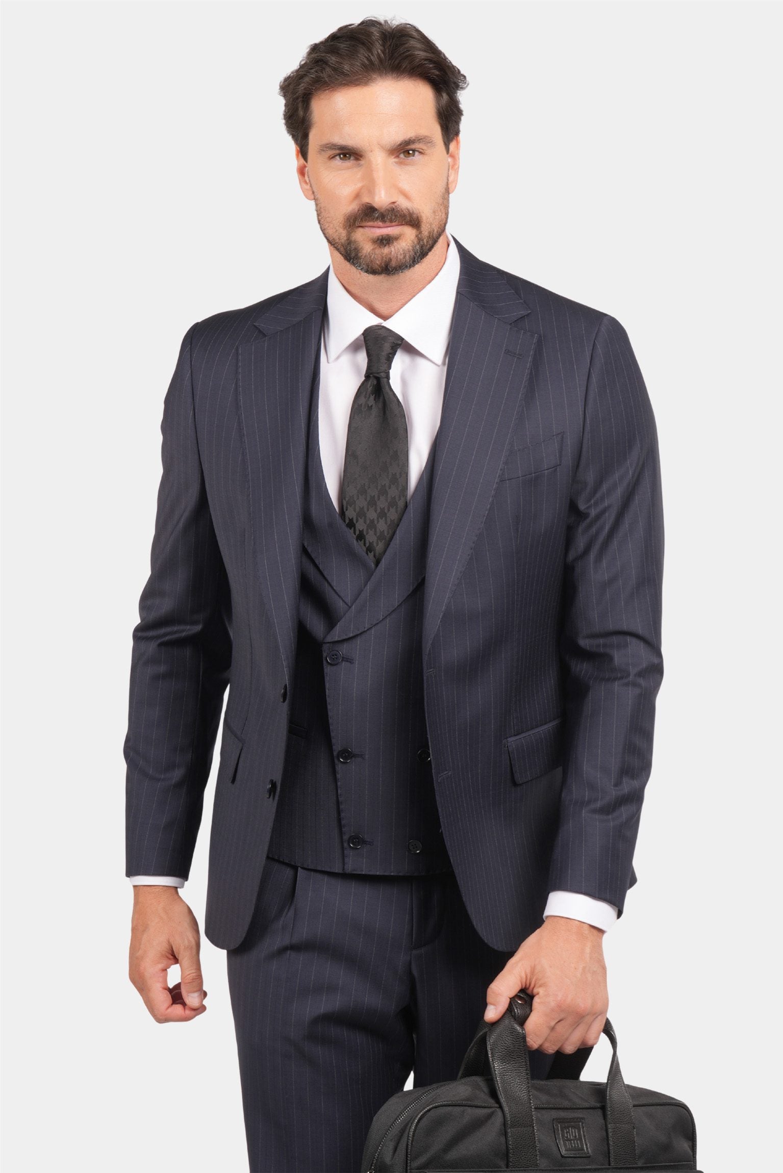 Dunkelblauer Nadelstreifen Slim Fit Dreiteiliger Anzug aus Wolle