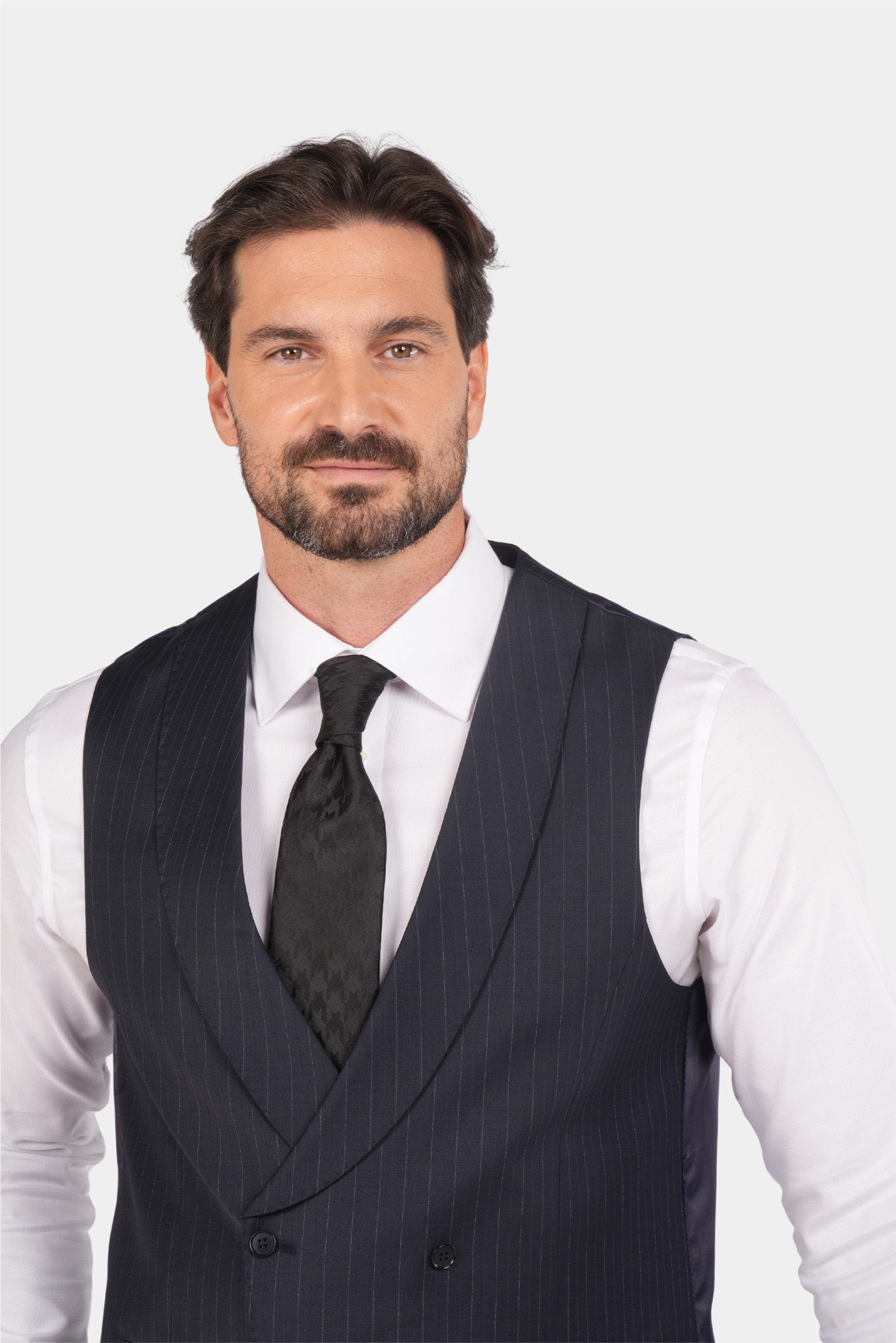 Dunkelblauer Nadelstreifen Slim Fit Dreiteiliger Anzug aus Wolle