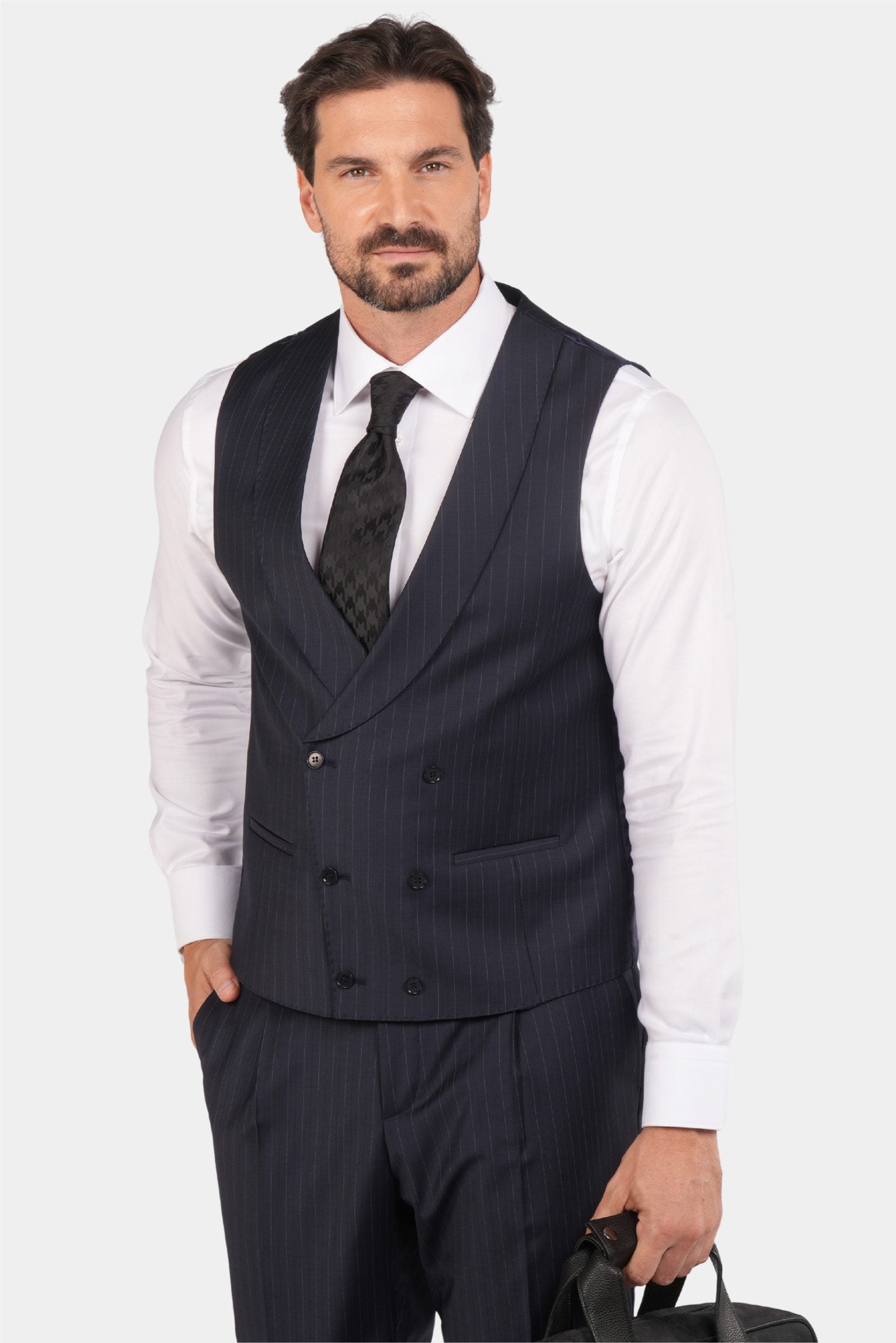 Dunkelblauer Nadelstreifen Slim Fit Dreiteiliger Anzug aus Wolle