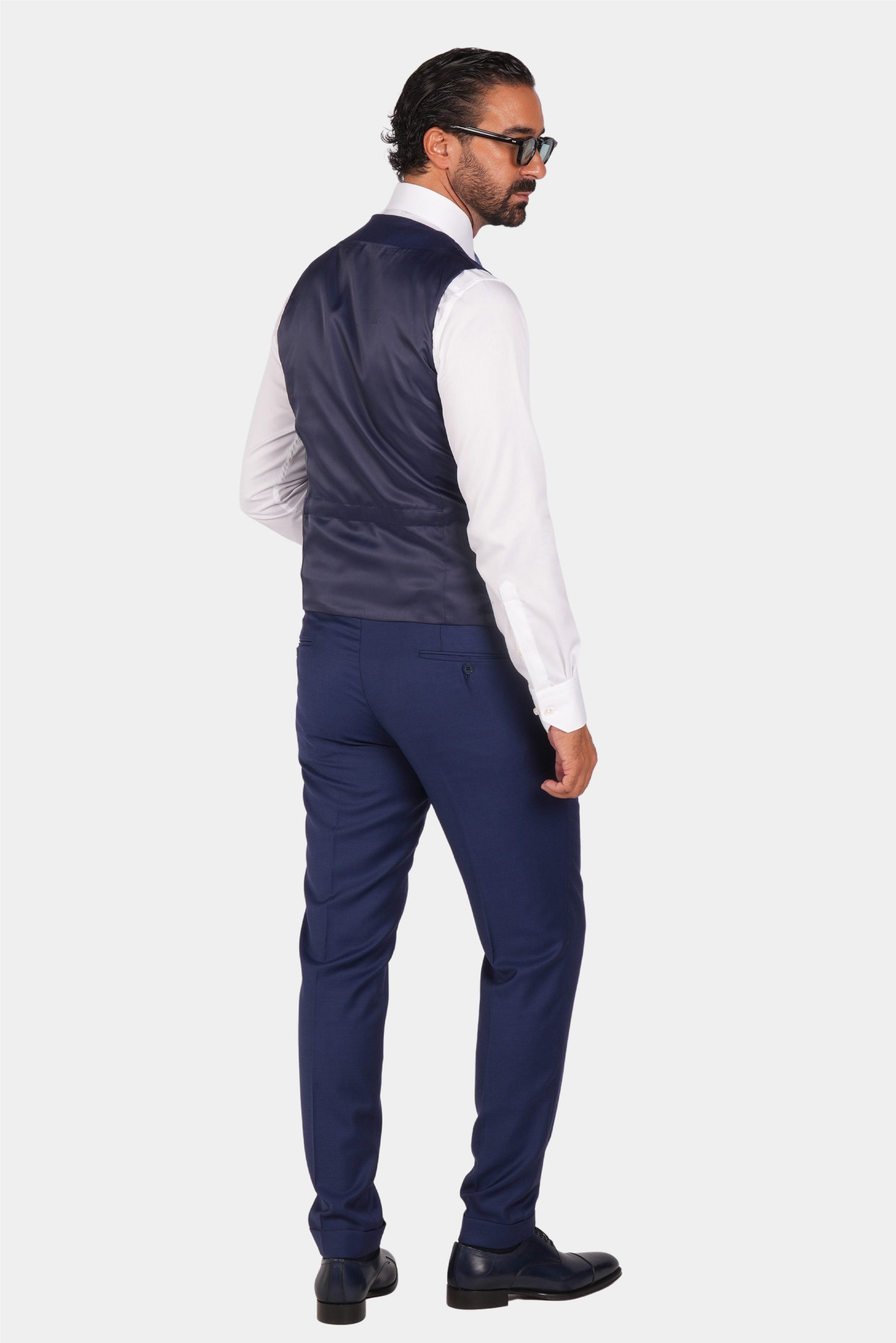 Blue slim fit three-piece wool suit