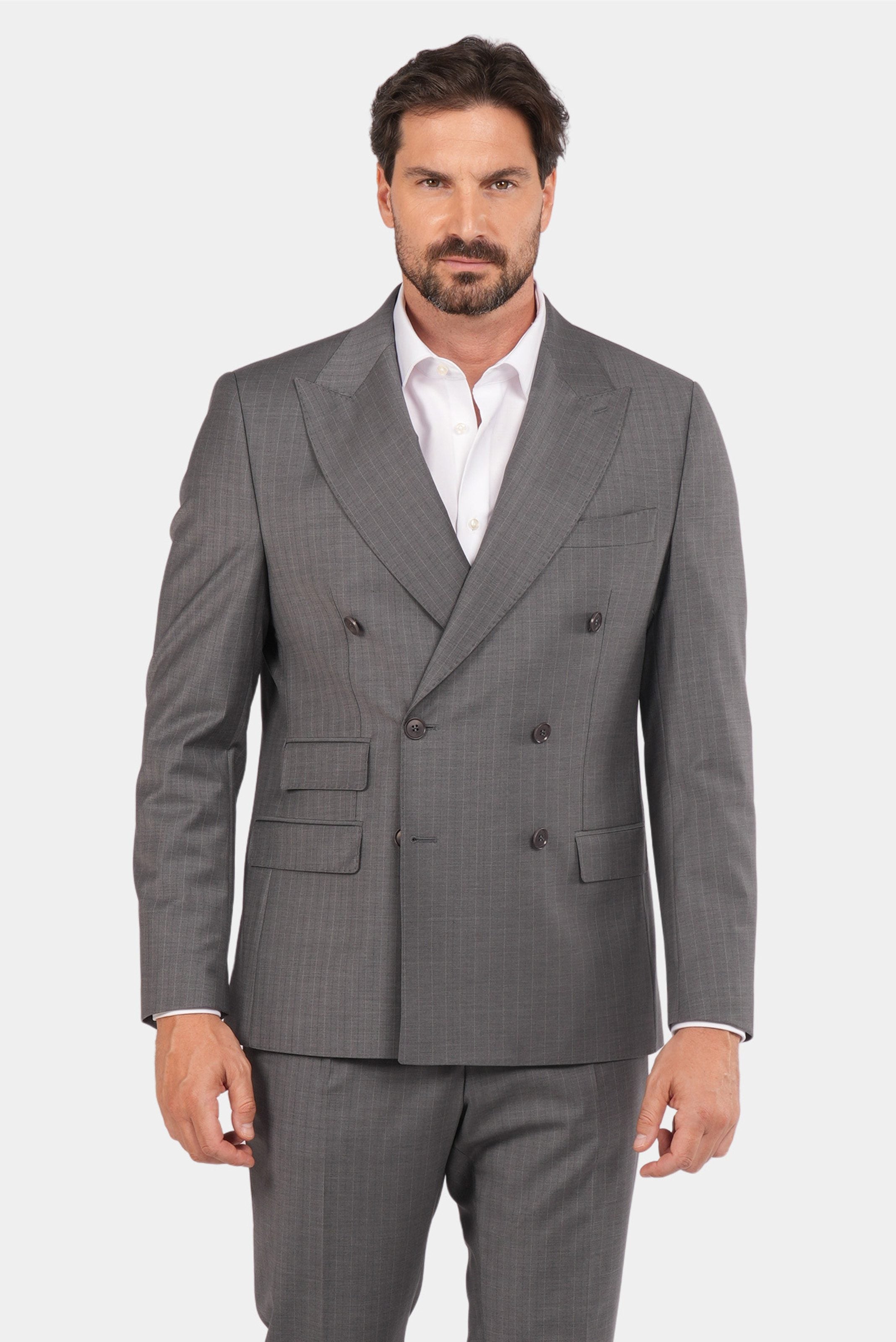 Grauer Slim Fit Zweireiher Anzug aus Wolle