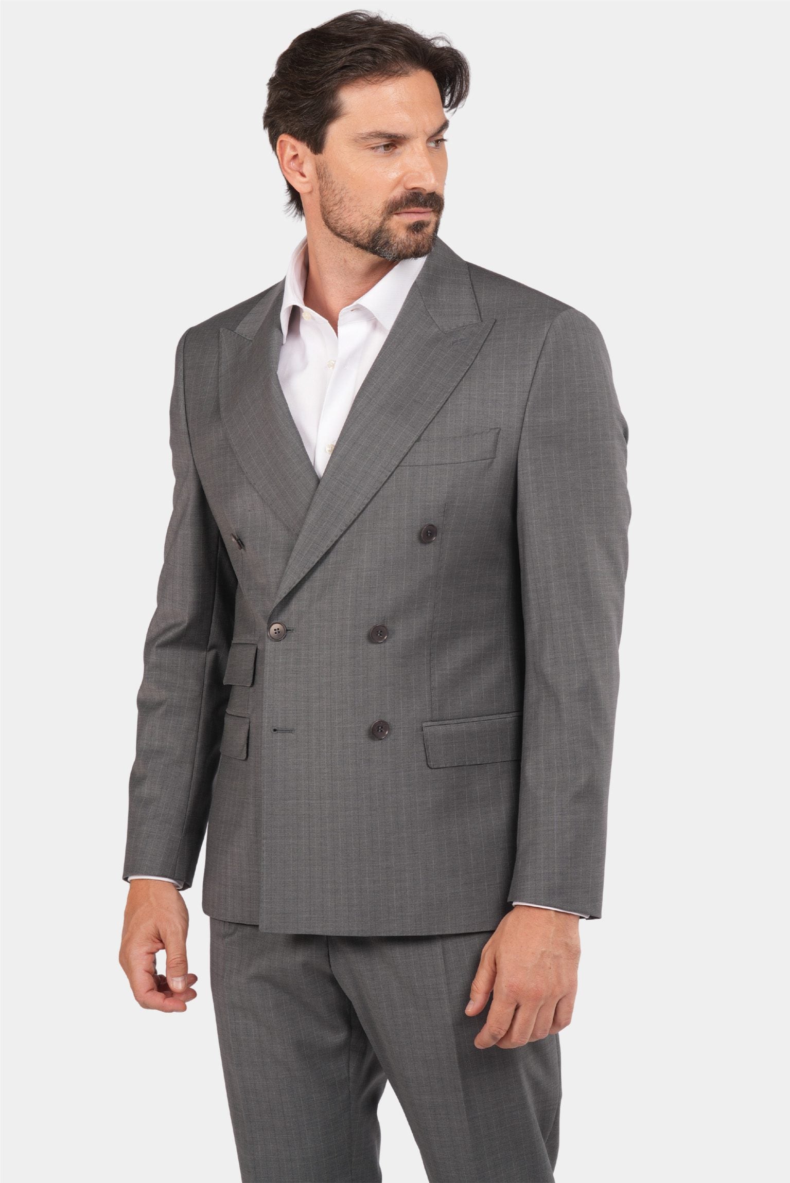 Grauer Slim Fit Zweireiher Anzug aus Wolle