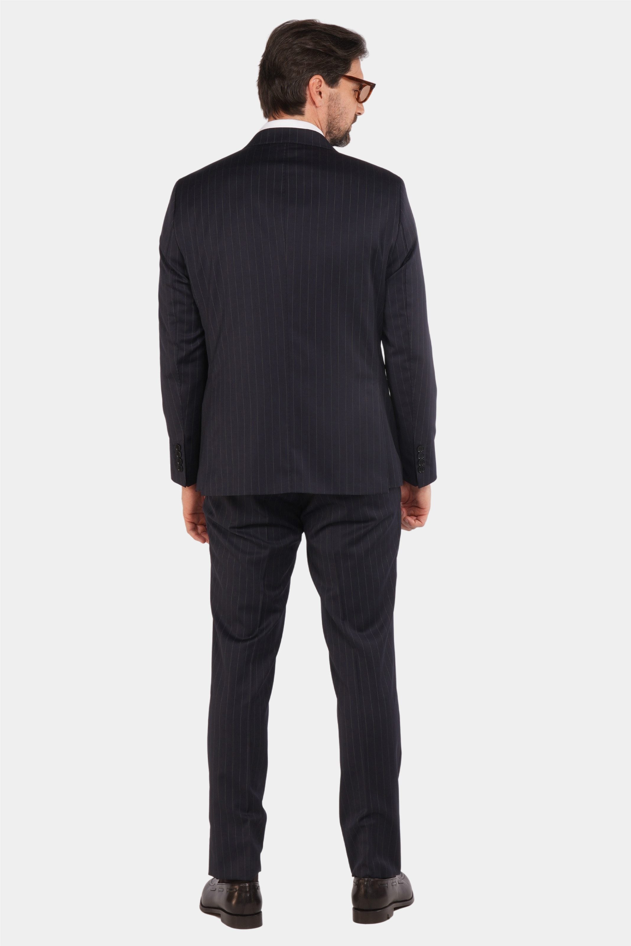 Dunkelblauer Nadelstreifen Slim Fit Zweireiher Anzug aus Wolle