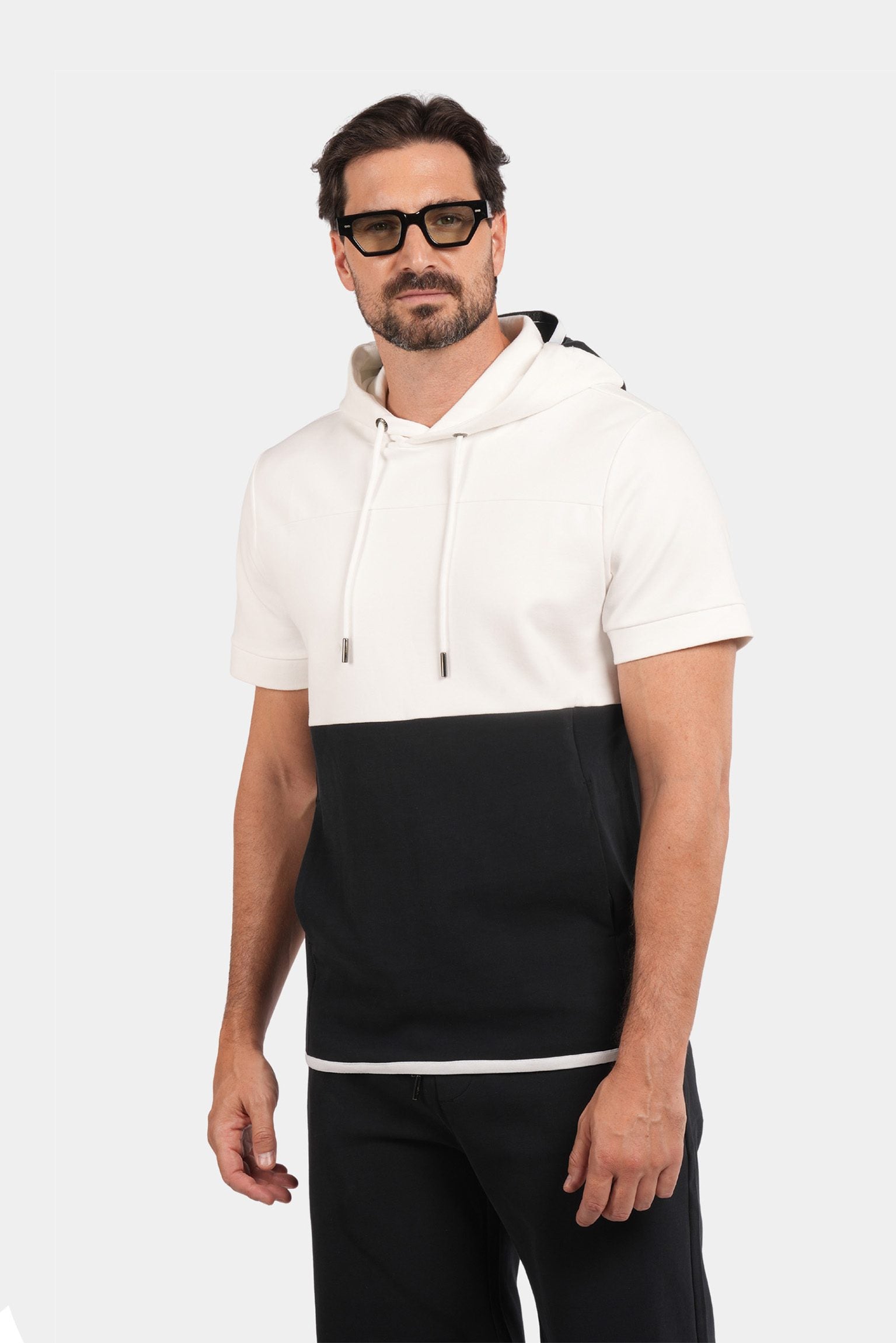 Two-tone tracksuit with short-sleeved hoodie in navy blue